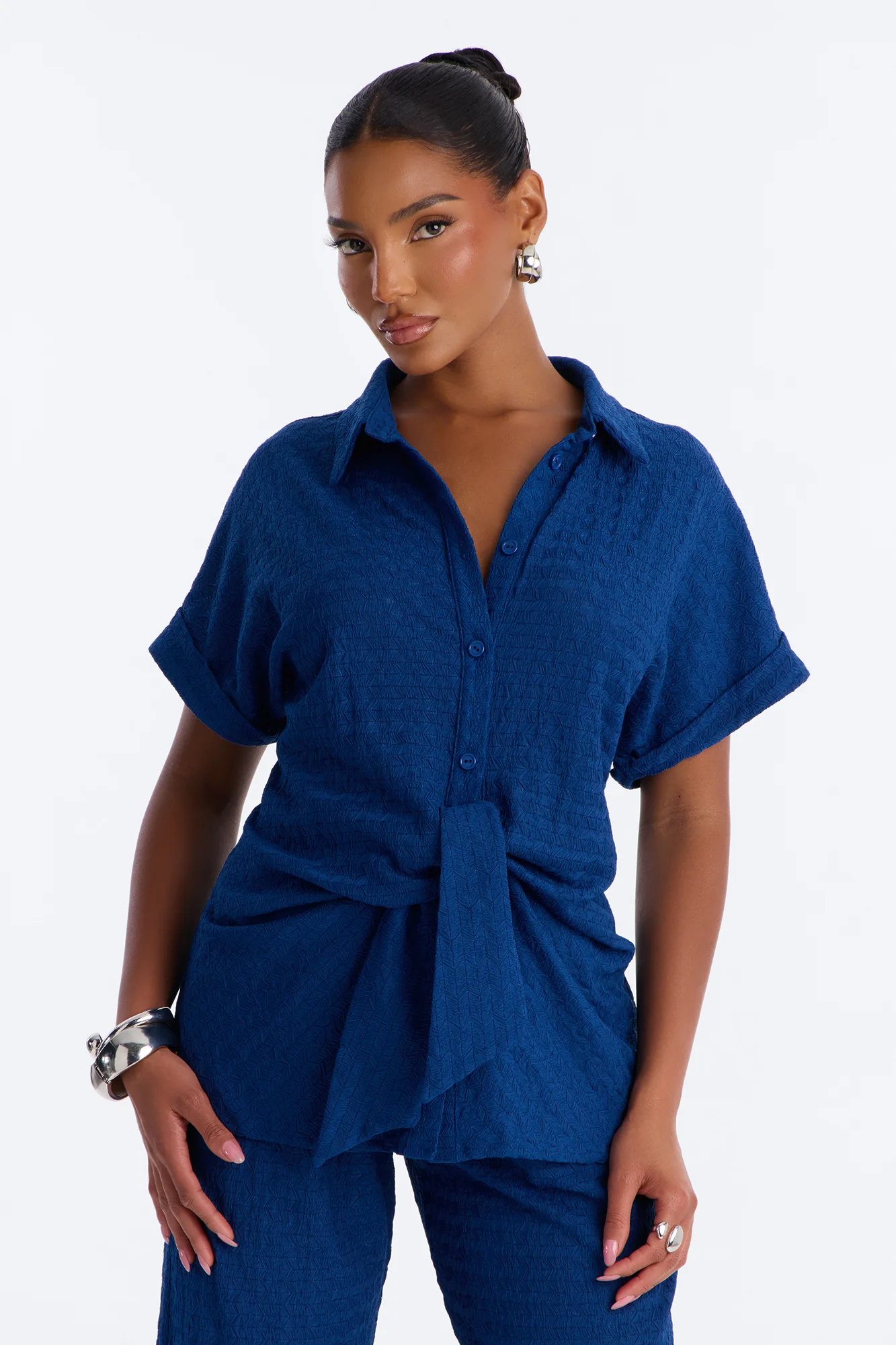 Ainsley Textured Tie Front Pant Set - Navy - Image 2