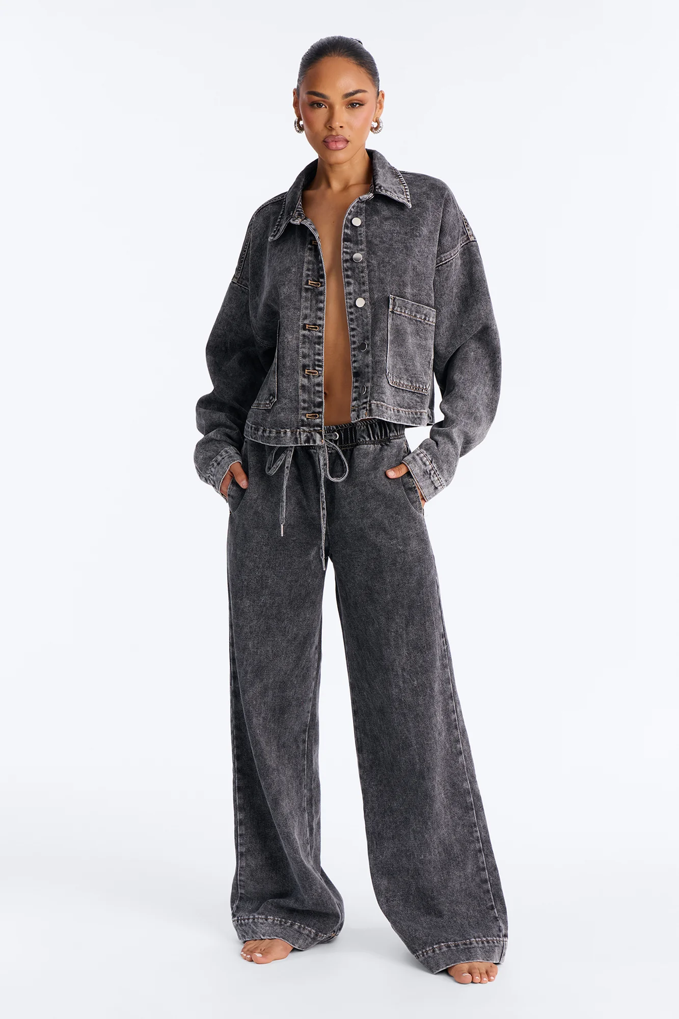 Airplane Mode Drapey Denim Shacket - Dark Grey - Image 2