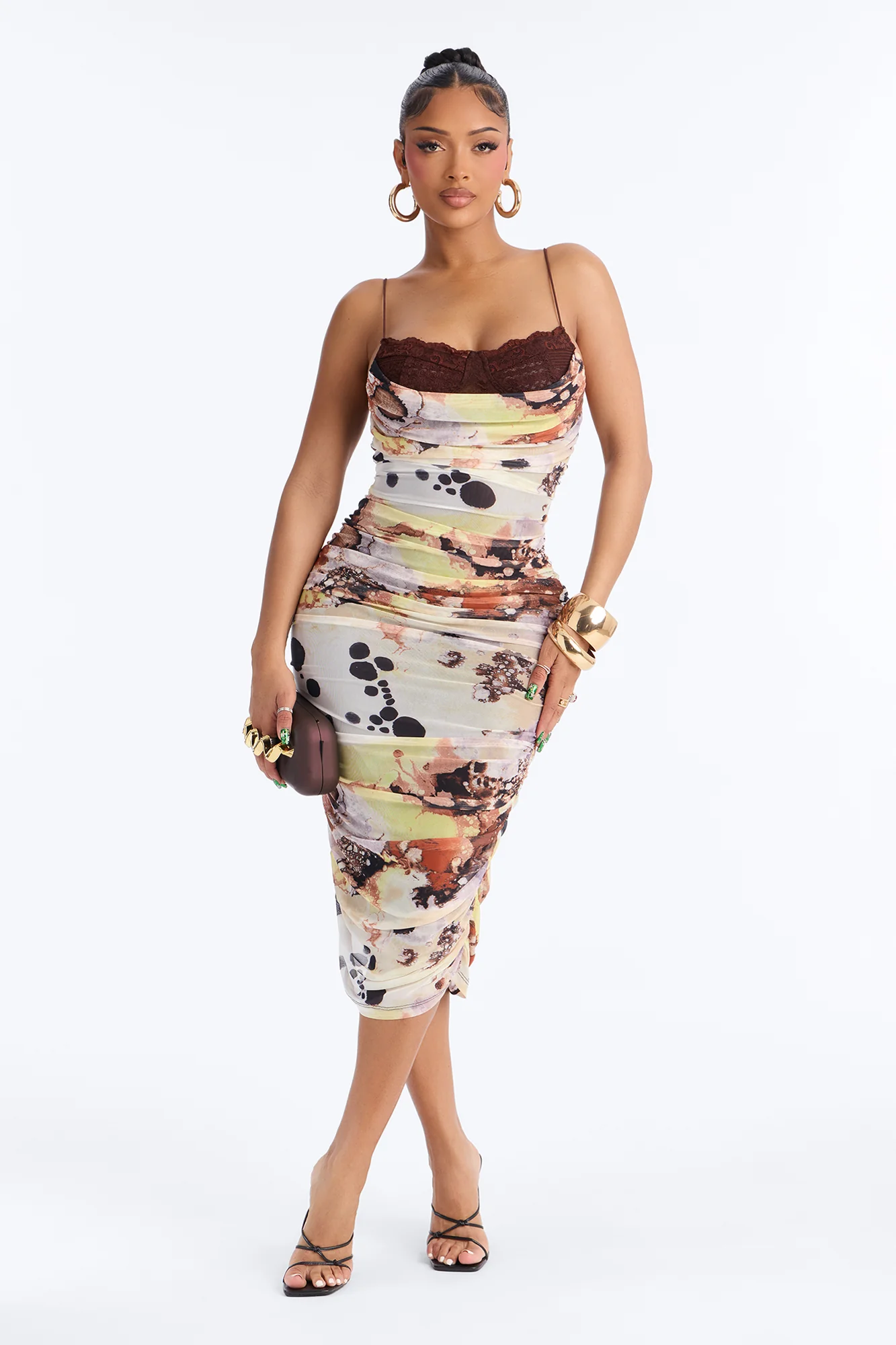 Alaira Ruched Mesh Midi Dress - Brown/combo