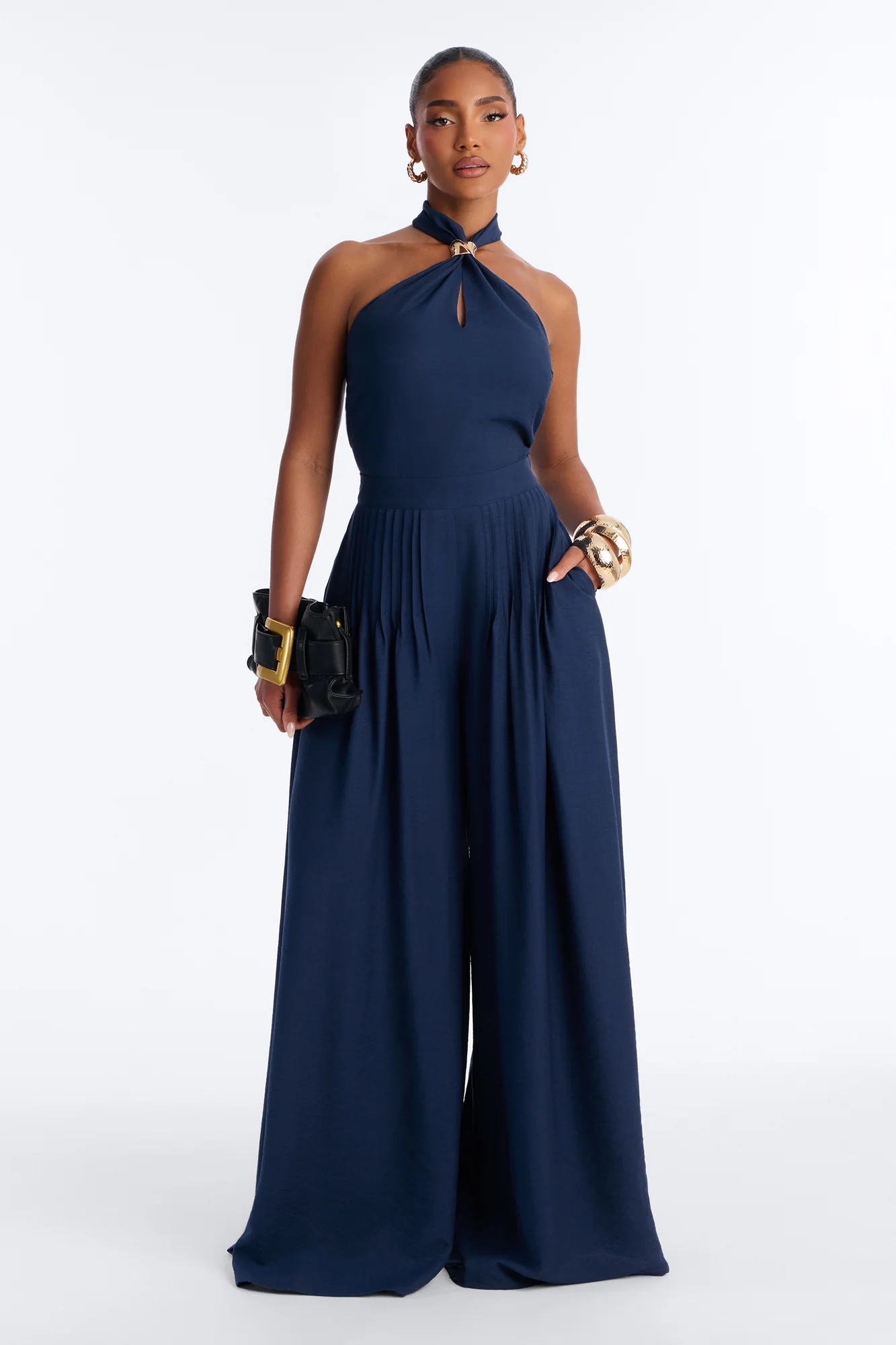 Alana Halter Pleated Wide Leg Jumpsuit - Navy