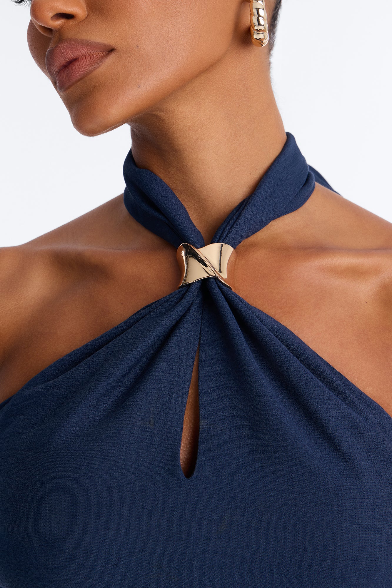 Alana Halter Pleated Wide Leg Jumpsuit - Navy - Image 3