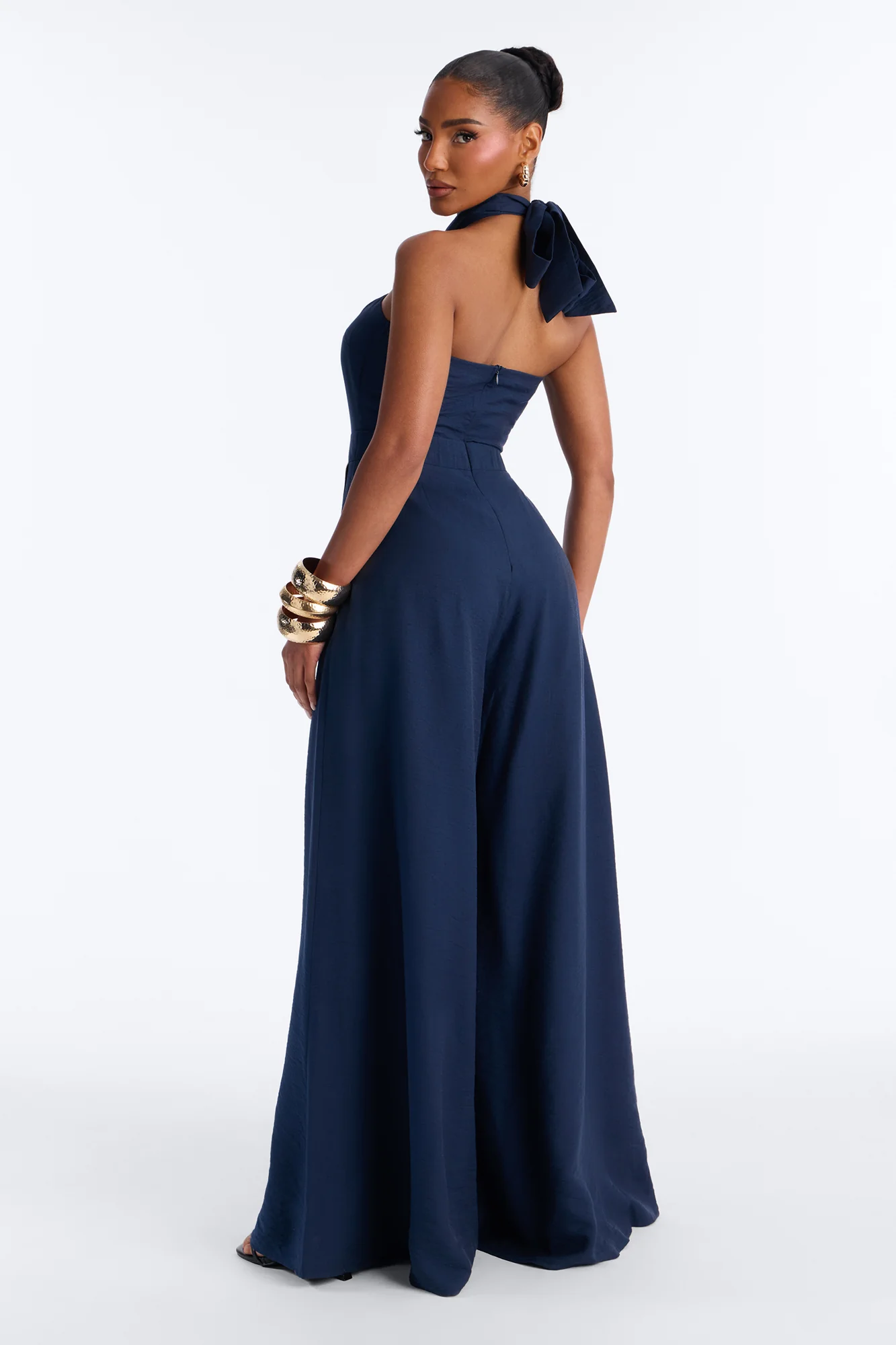 Alana Halter Pleated Wide Leg Jumpsuit - Navy - Image 4