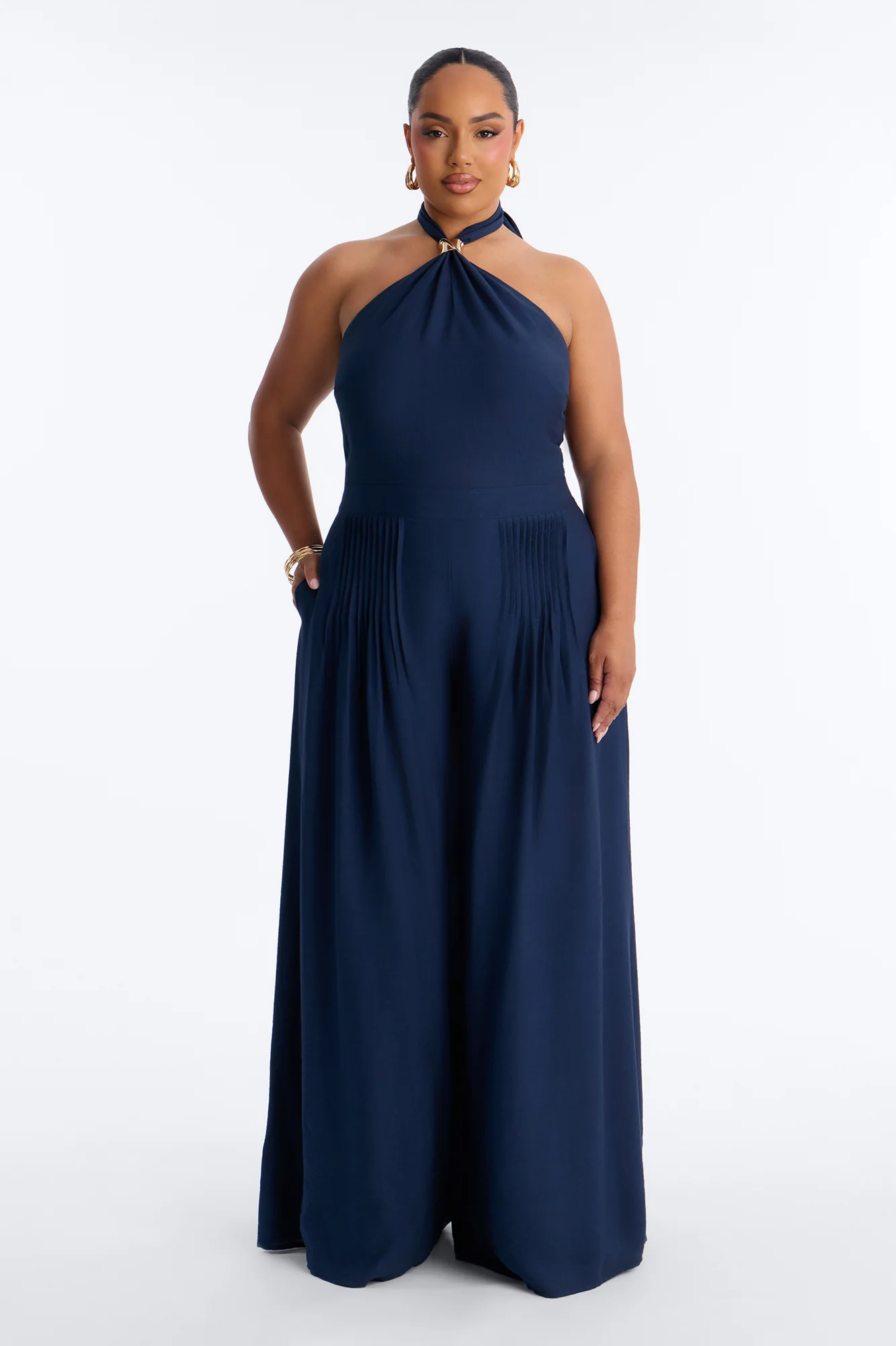 Alana Halter Pleated Wide Leg Jumpsuit - Navy - Image 5
