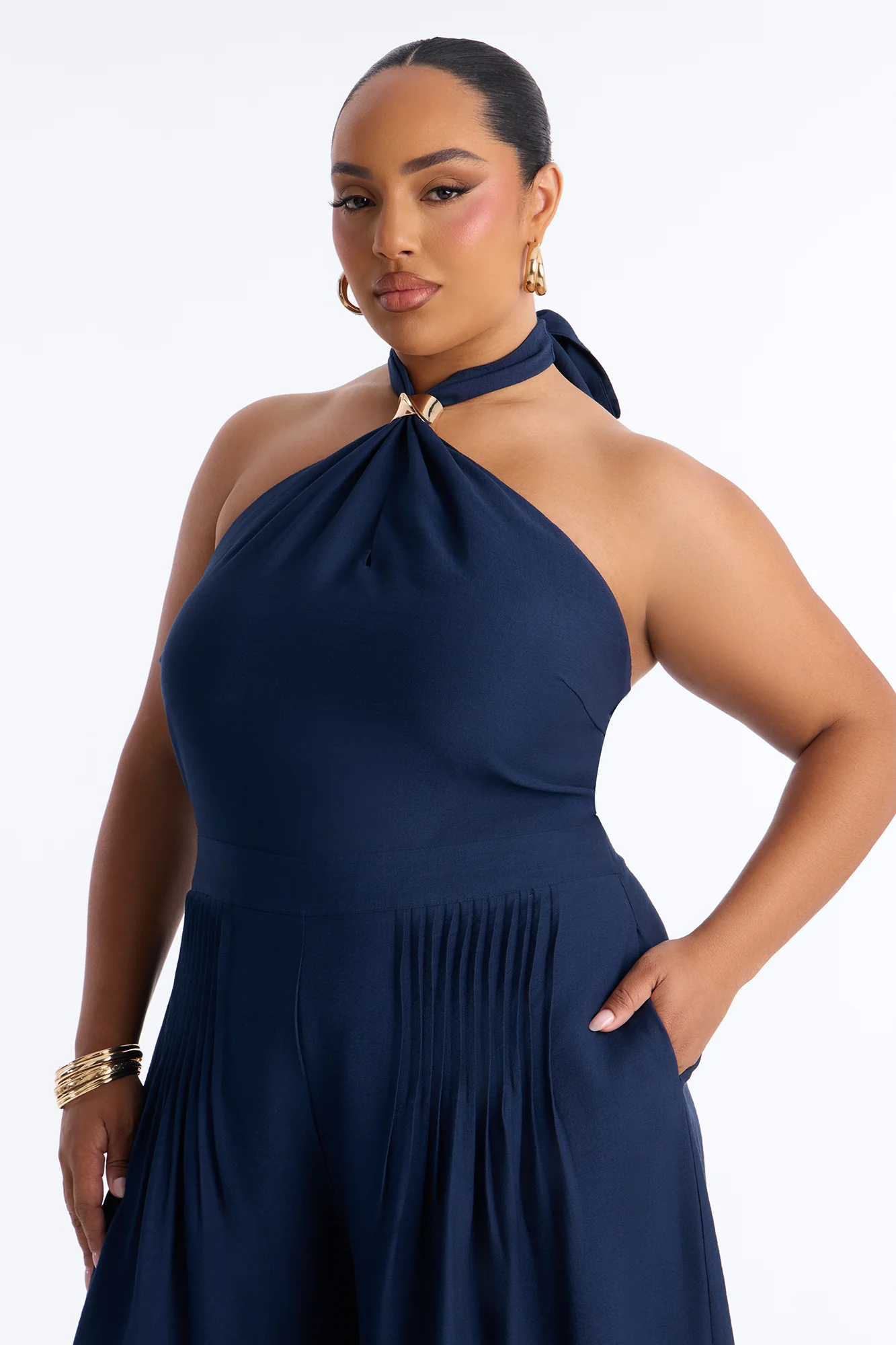 Alana Halter Pleated Wide Leg Jumpsuit - Navy - Image 6