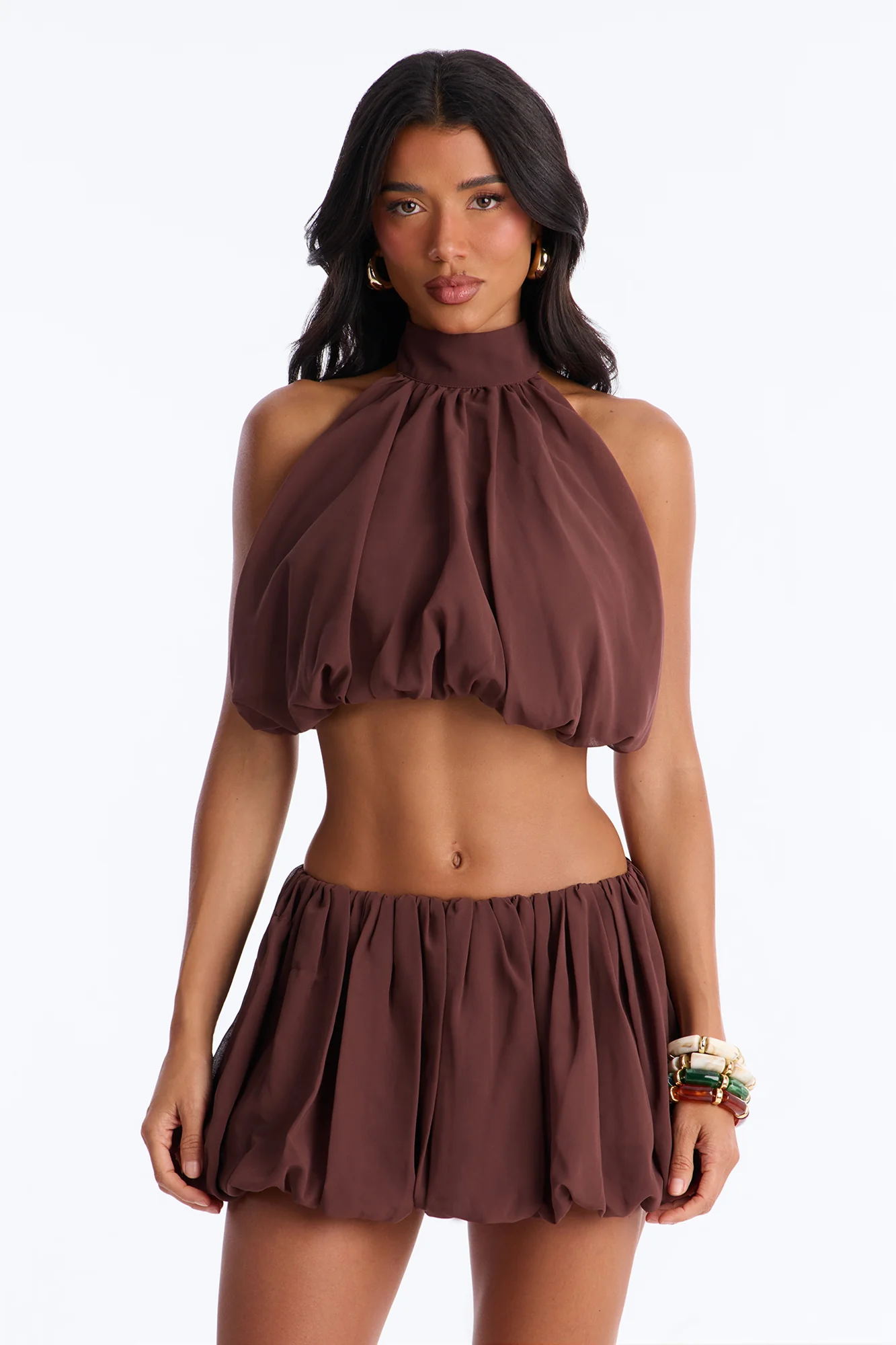 Alessia Halter Bubble Mini Skirt Set - Brown - Image 2