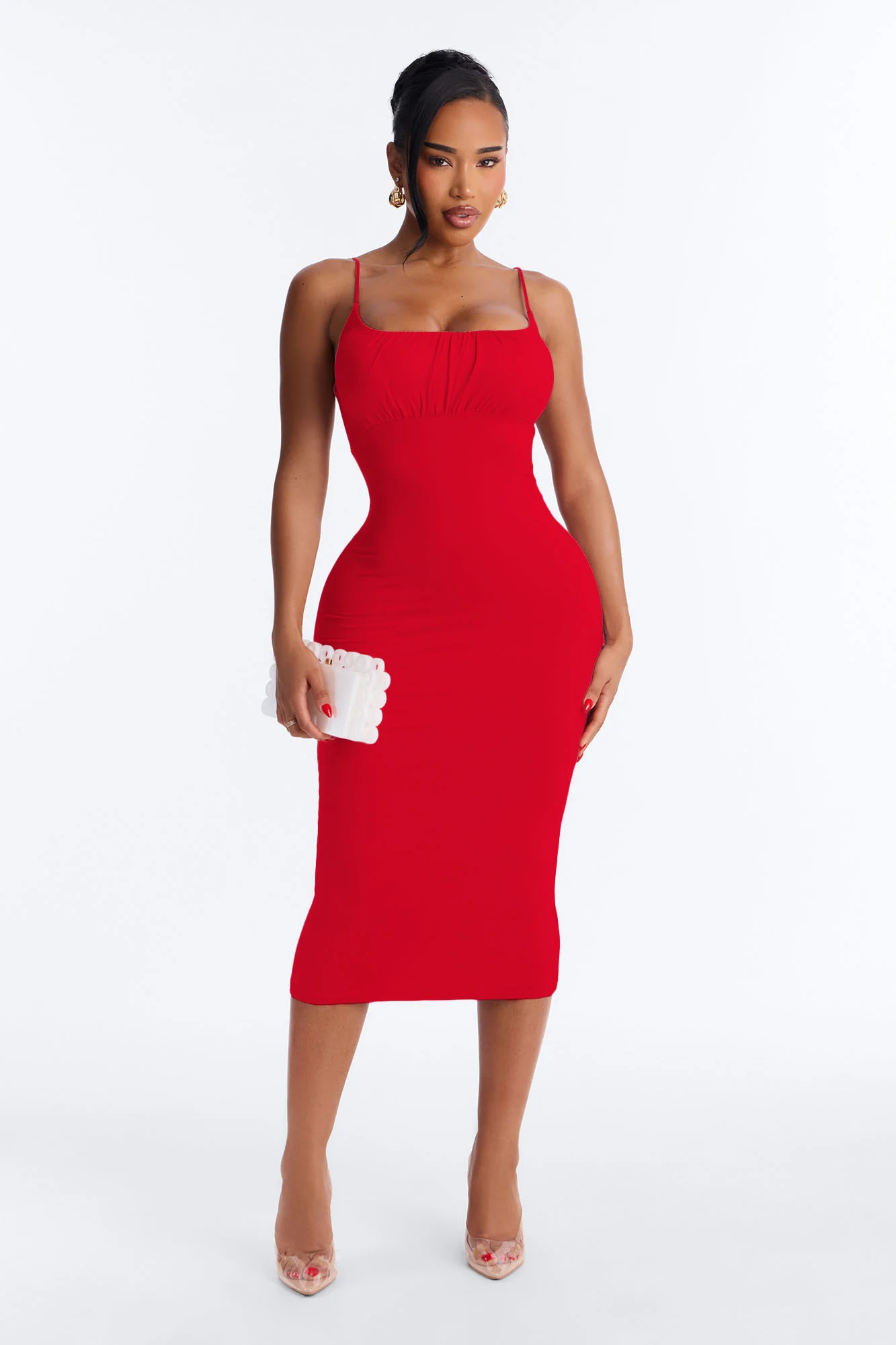 Alessia Ruched Midi Dress - Red
