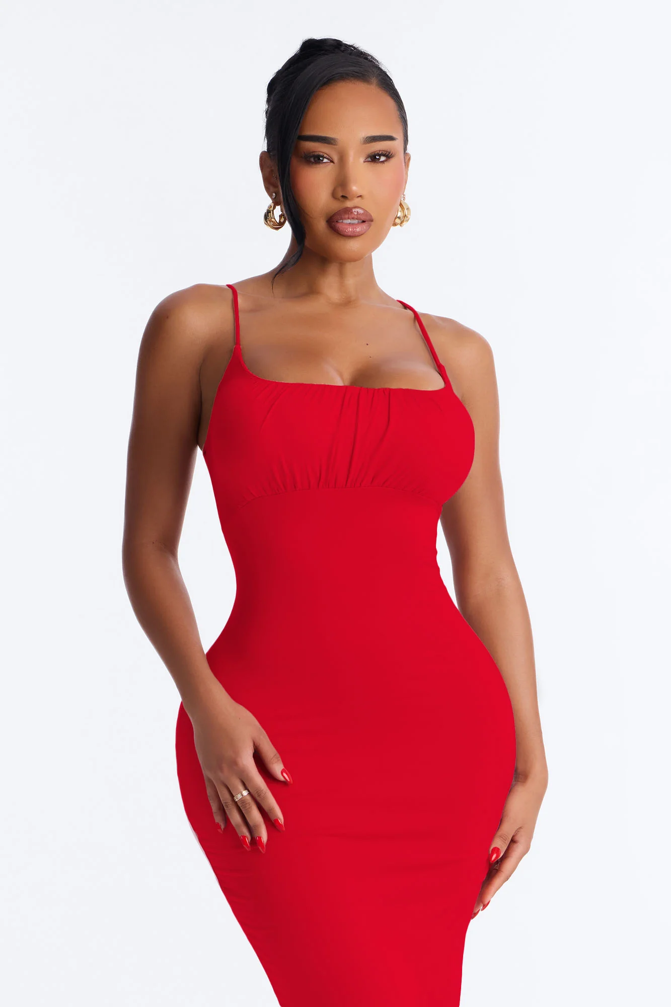 Alessia Ruched Midi Dress - Red - Image 2