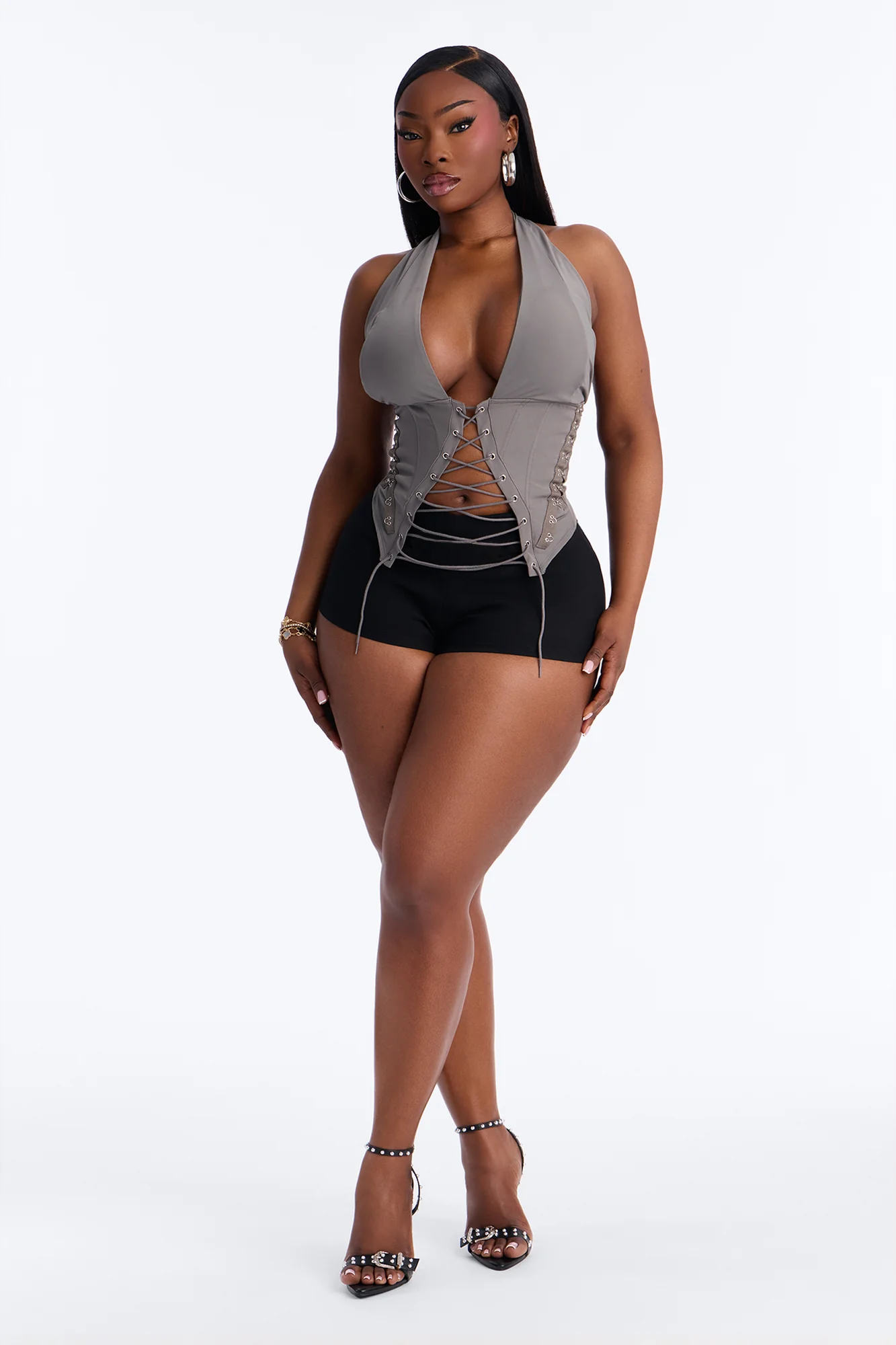 Alexis Lace Up Halter Top - Charcoal - Image 5