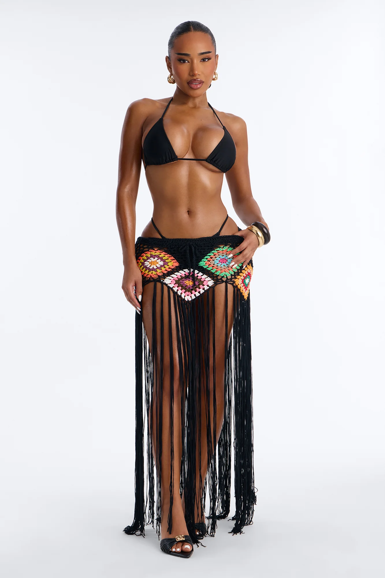 Aliana Crochet Fringe Cover Up Skirt - Black/combo