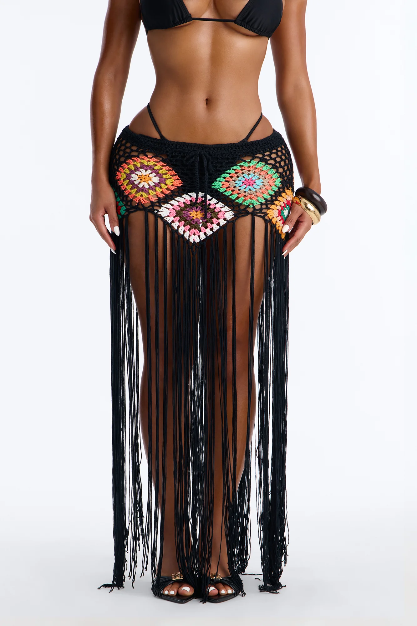 Aliana Crochet Fringe Cover Up Skirt - Black/combo - Image 2