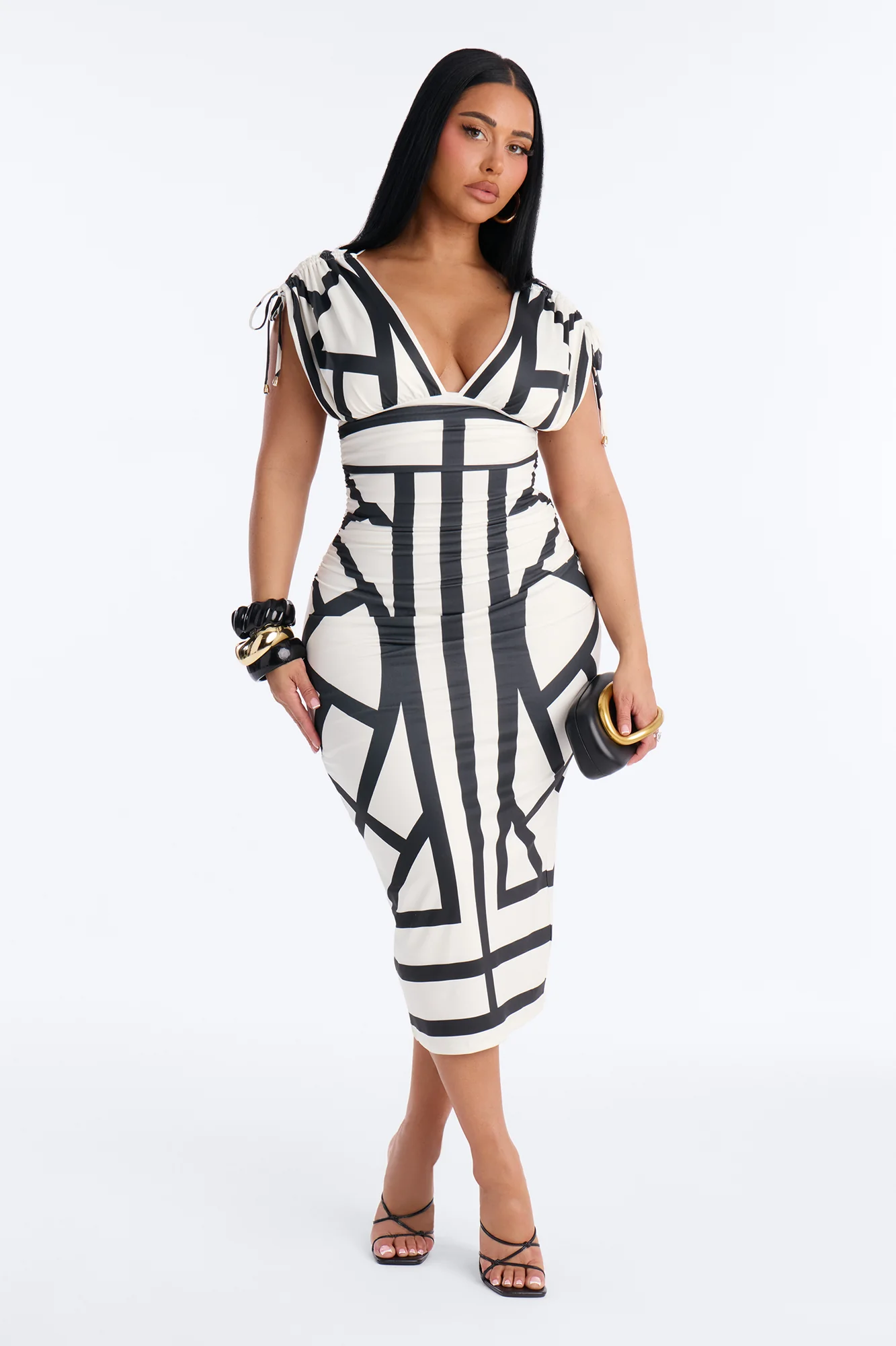 Alicia Printed Ruched Midi Dress - White/Black