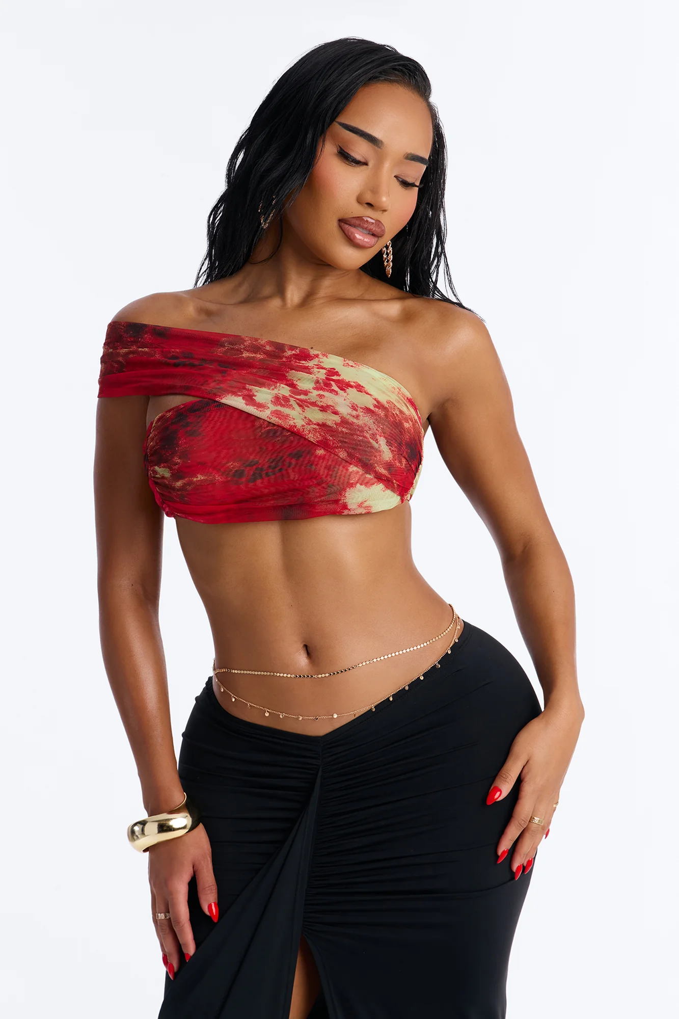 Alina Mesh Off Shoulder Ruched Cropped Top - Red/combo - Image 2
