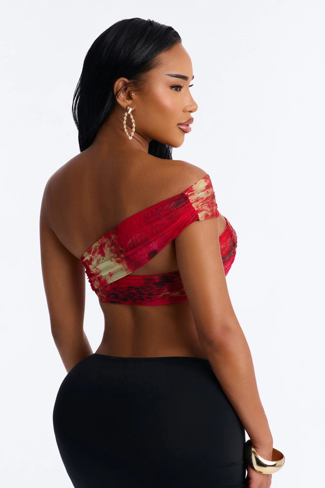 Alina Mesh Off Shoulder Ruched Cropped Top - Red/combo - Image 5