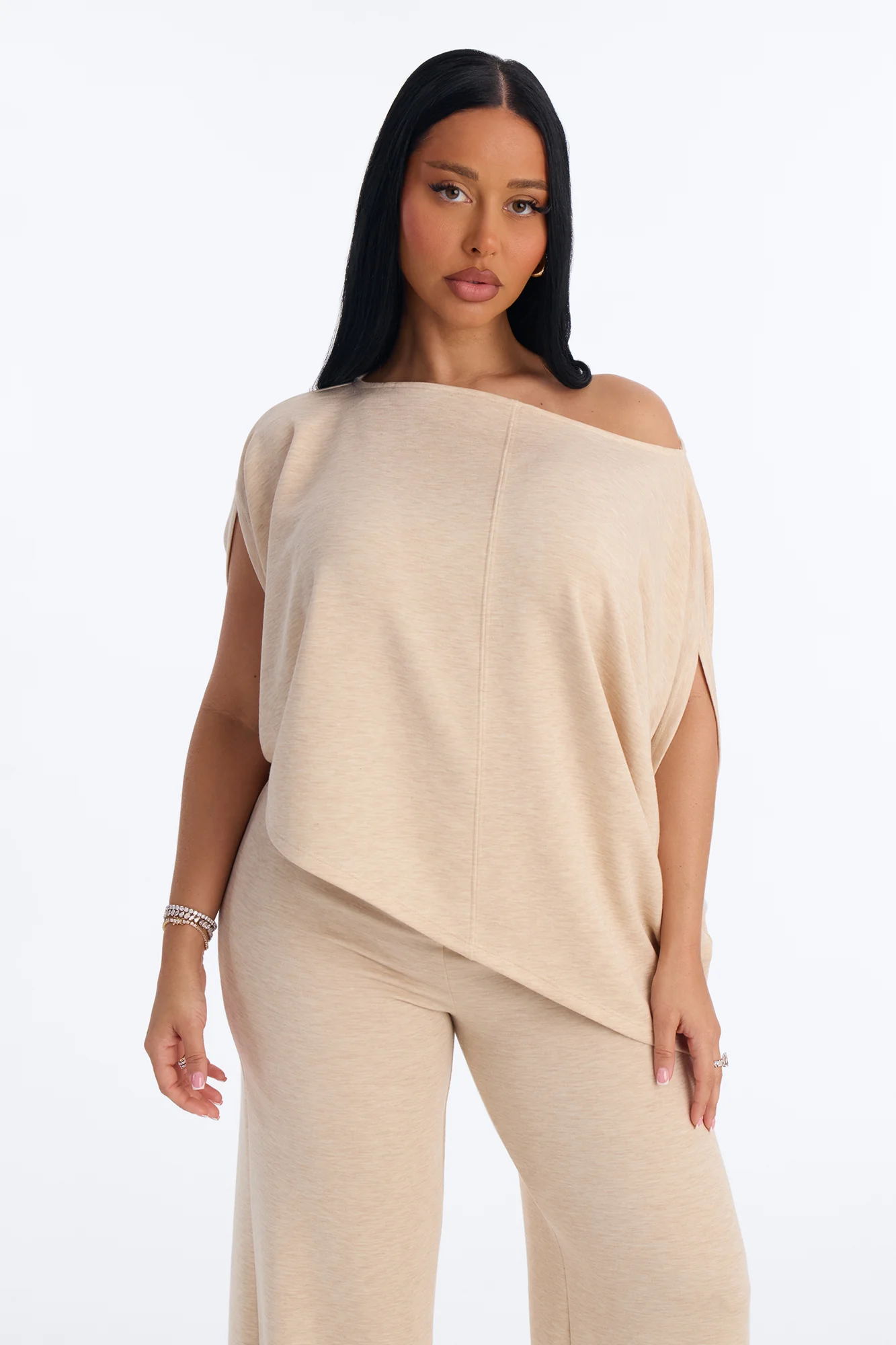 Alina One Shoulder Scuba Pant Set - Oatmeal - Image 2