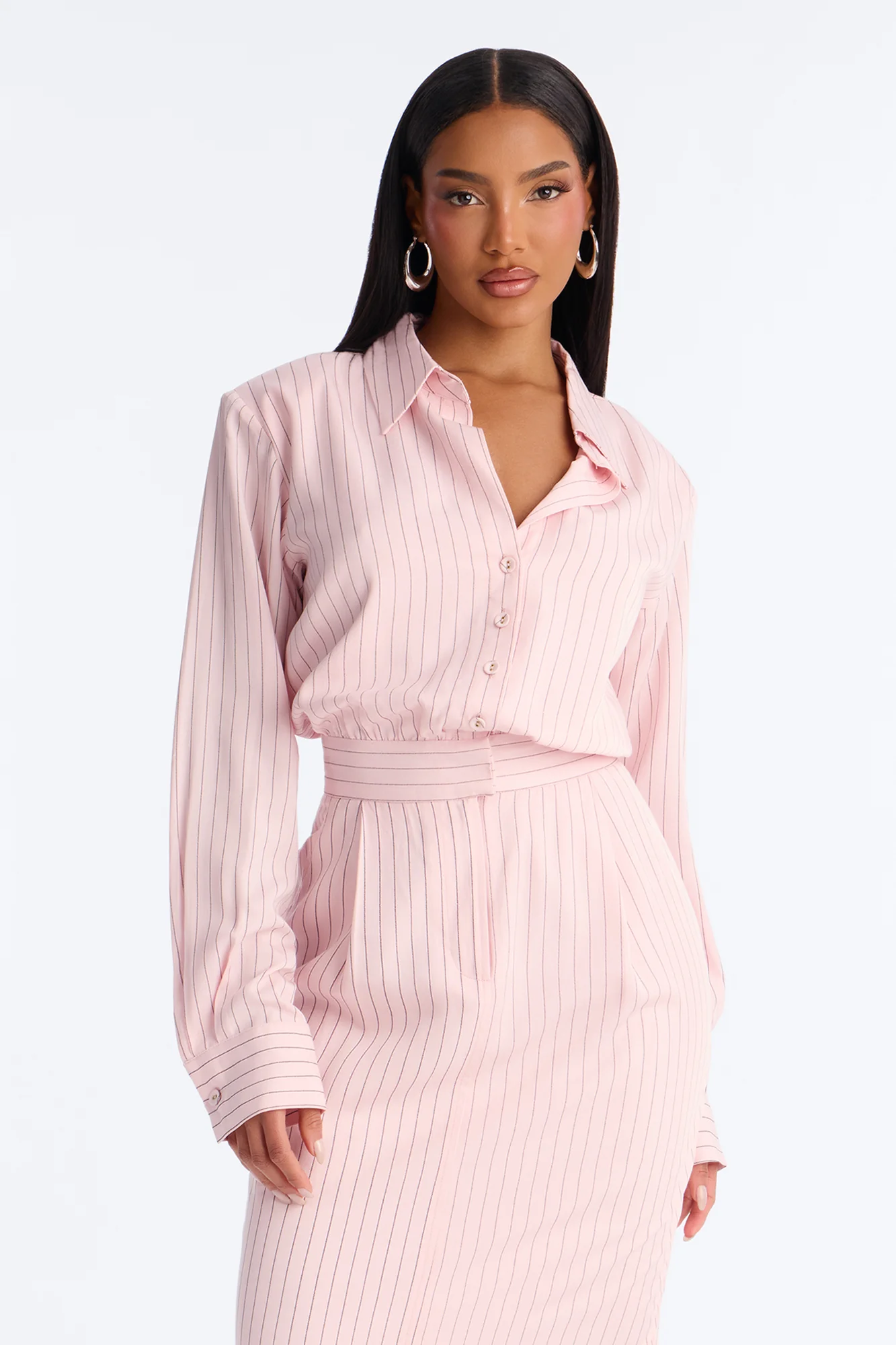 Alisha Pinstripe Shirt Midi Dress - Pink