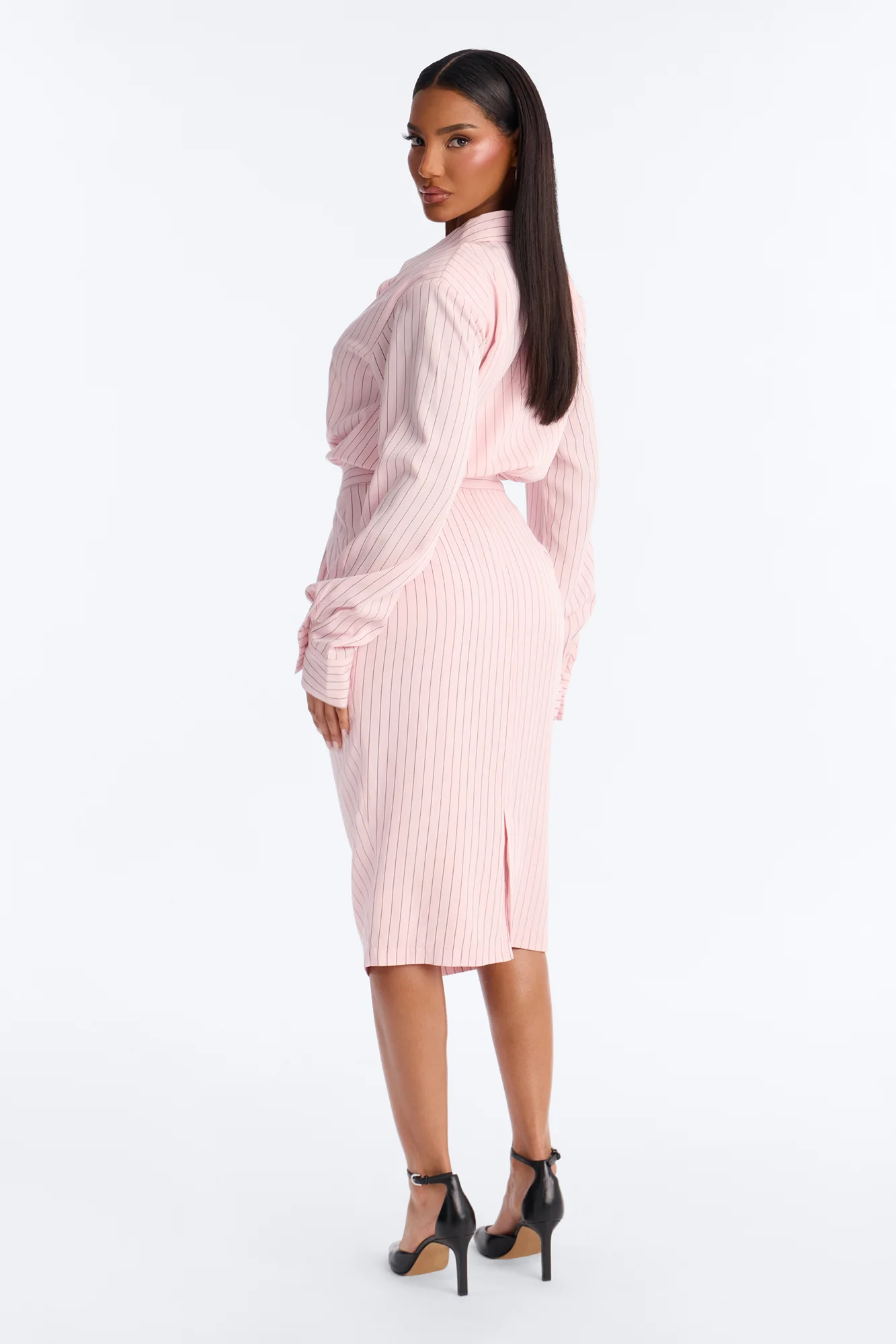 Alisha Pinstripe Shirt Midi Dress - Pink - Image 3