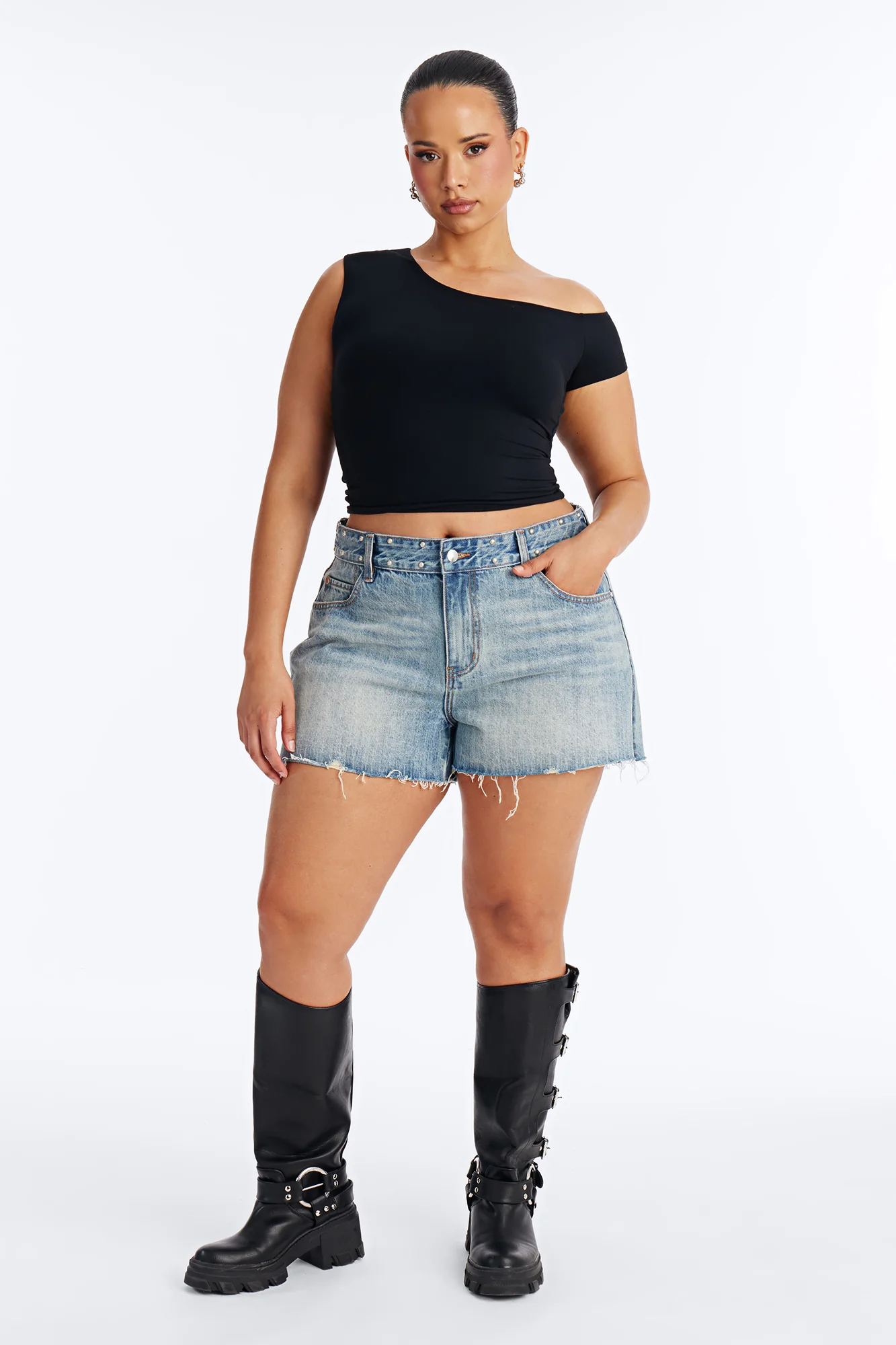 All Around Studded Cut Off Denim Shorts - Medium Wash - Image 5