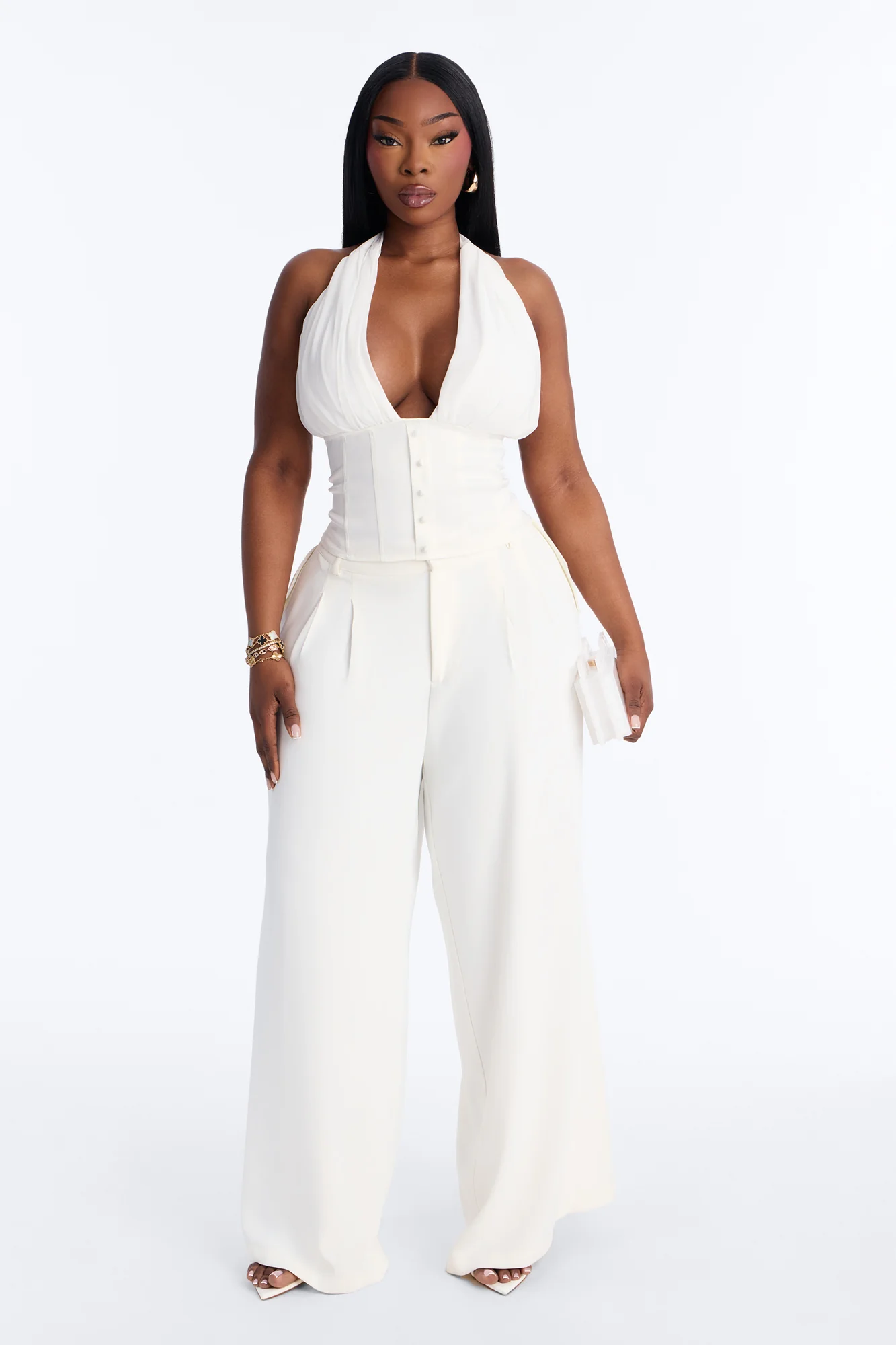 All Eyes Here Tie Neck Satin Halter Top - White - Image 4