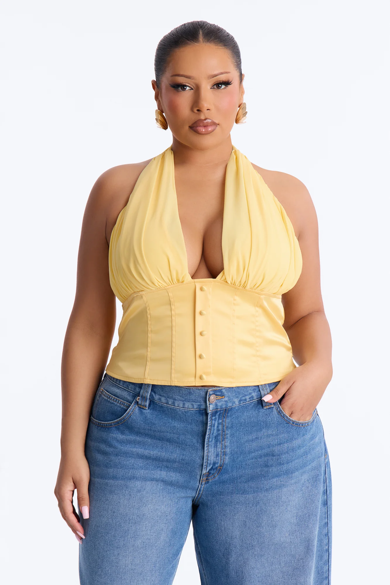 All Eyes Here Tie Neck Satin Halter Top - Yellow - Image 5