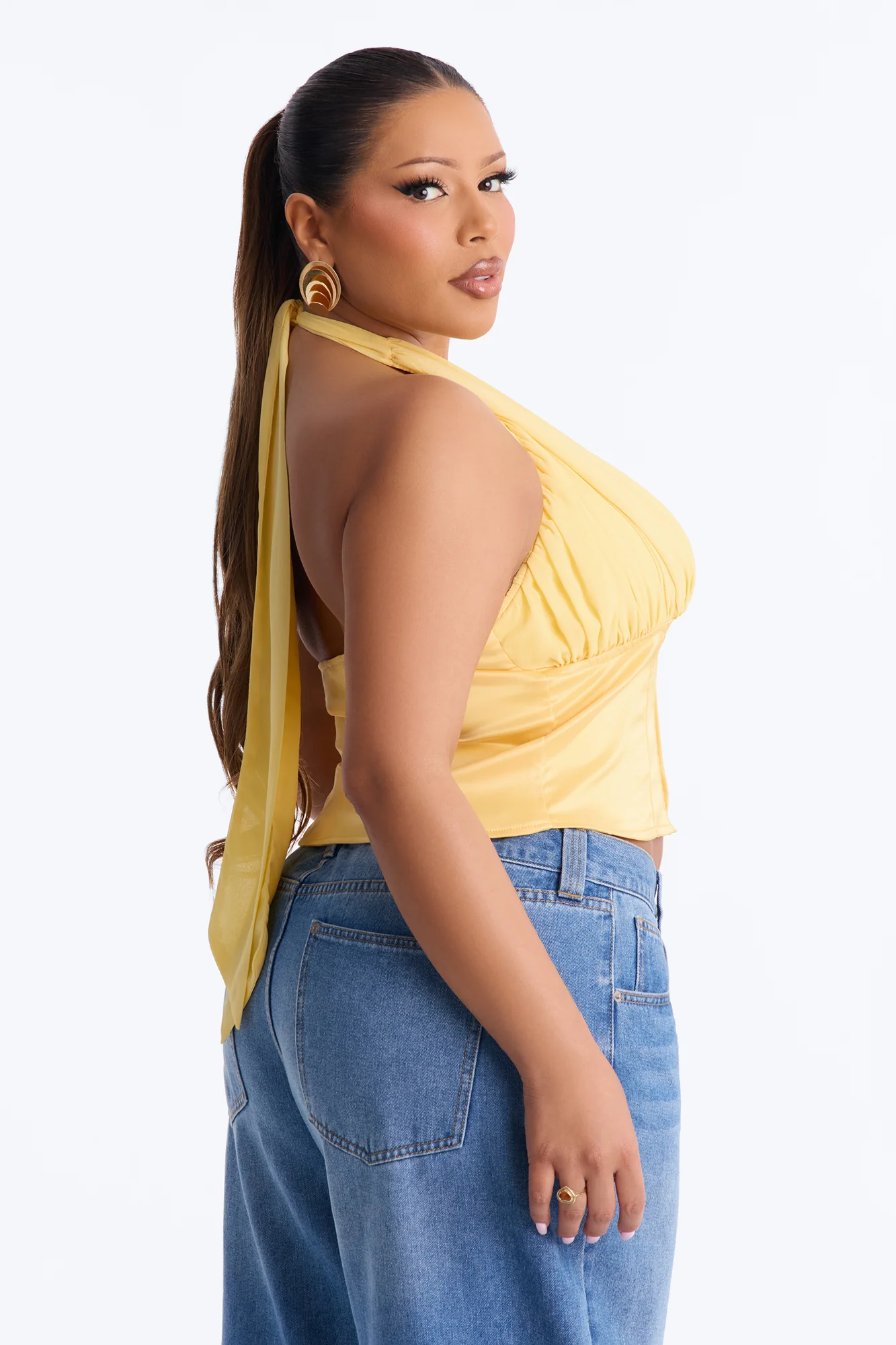 All Eyes Here Tie Neck Satin Halter Top - Yellow - Image 8