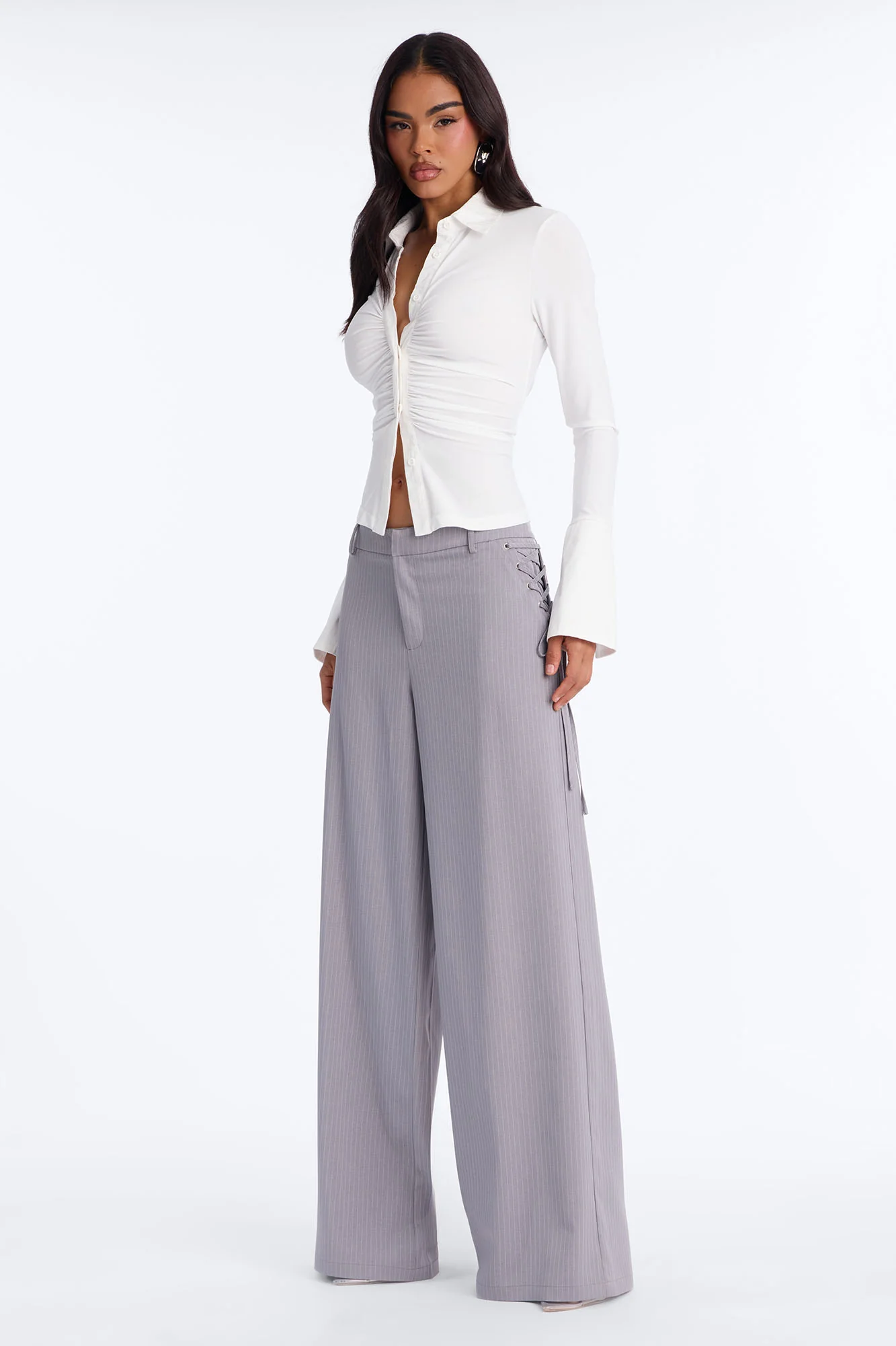 All Laced Up Low Rise Pinstripe Trouser - Light Grey