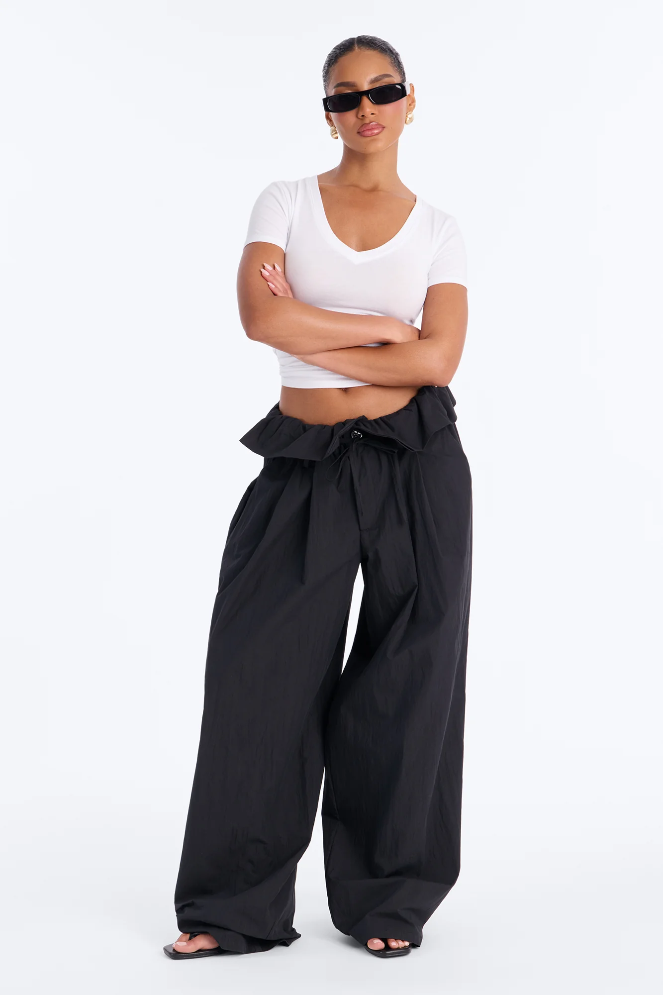 All Strings Attached Fold Over Waist Windbreaker Pant 33″ - Black