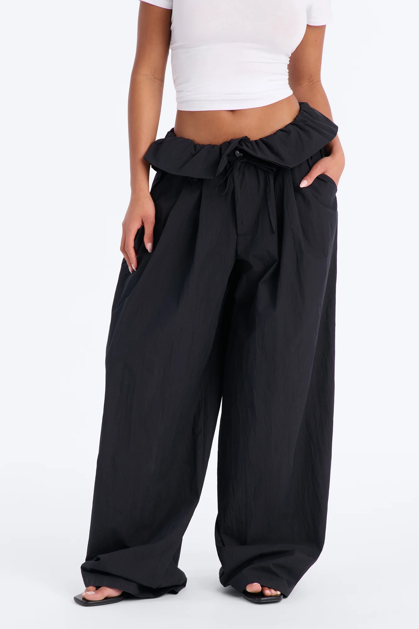All Strings Attached Fold Over Waist Windbreaker Pant 33″ - Black - Image 2