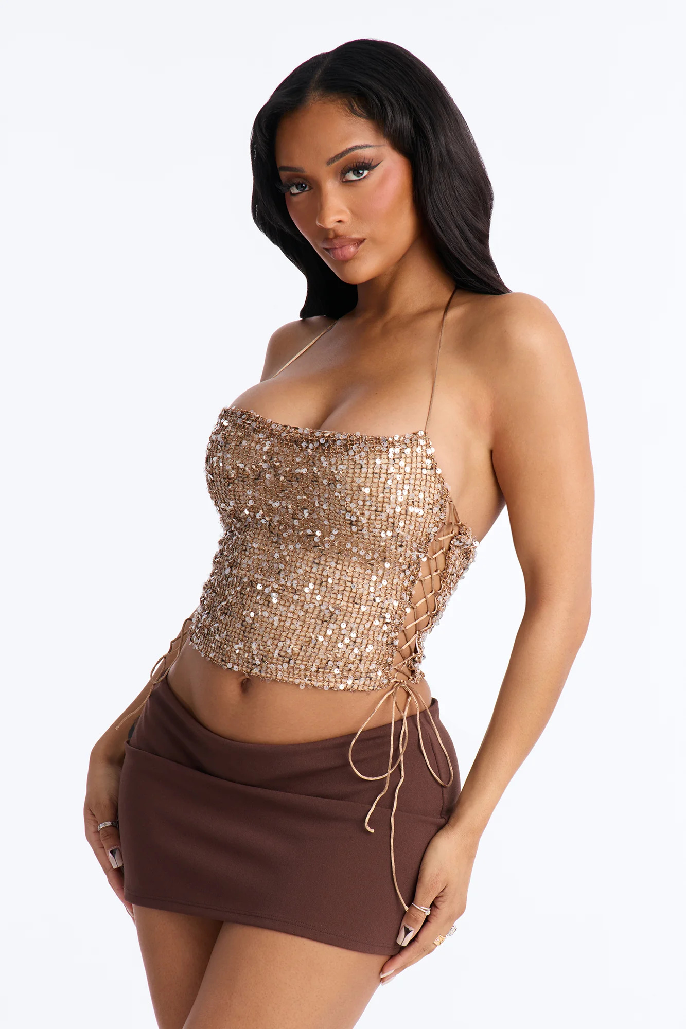 All The Glitters Lace Up Sequin Halter Top - Taupe