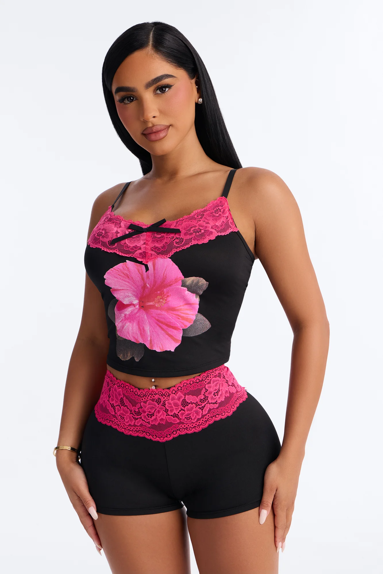 All With Me Floral Lace Trim 2 Piece PJ Set - Black/Pink