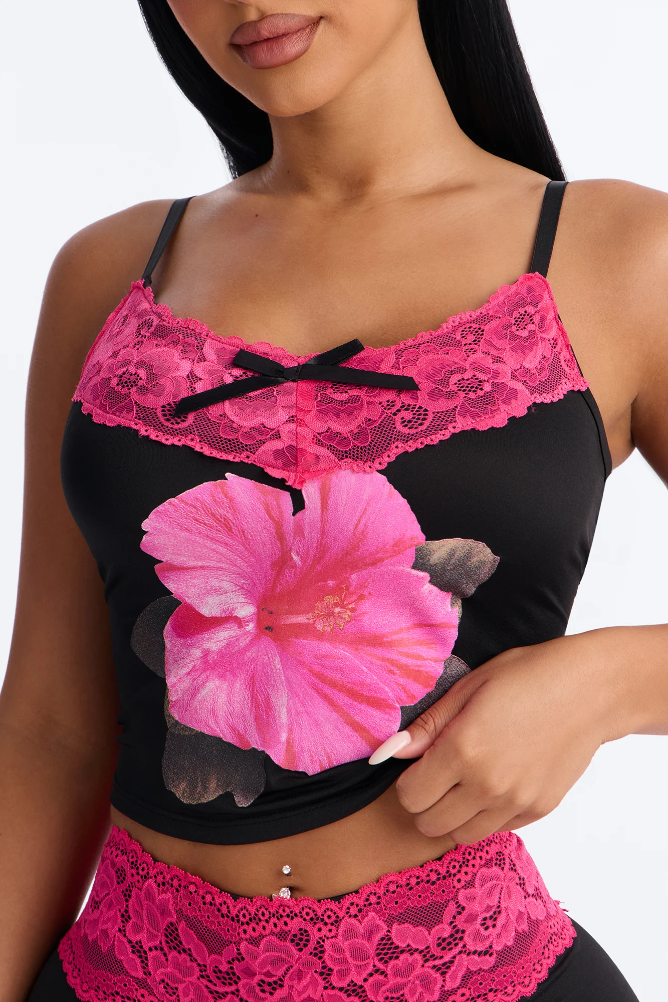All With Me Floral Lace Trim 2 Piece PJ Set - Black/Pink - Image 3