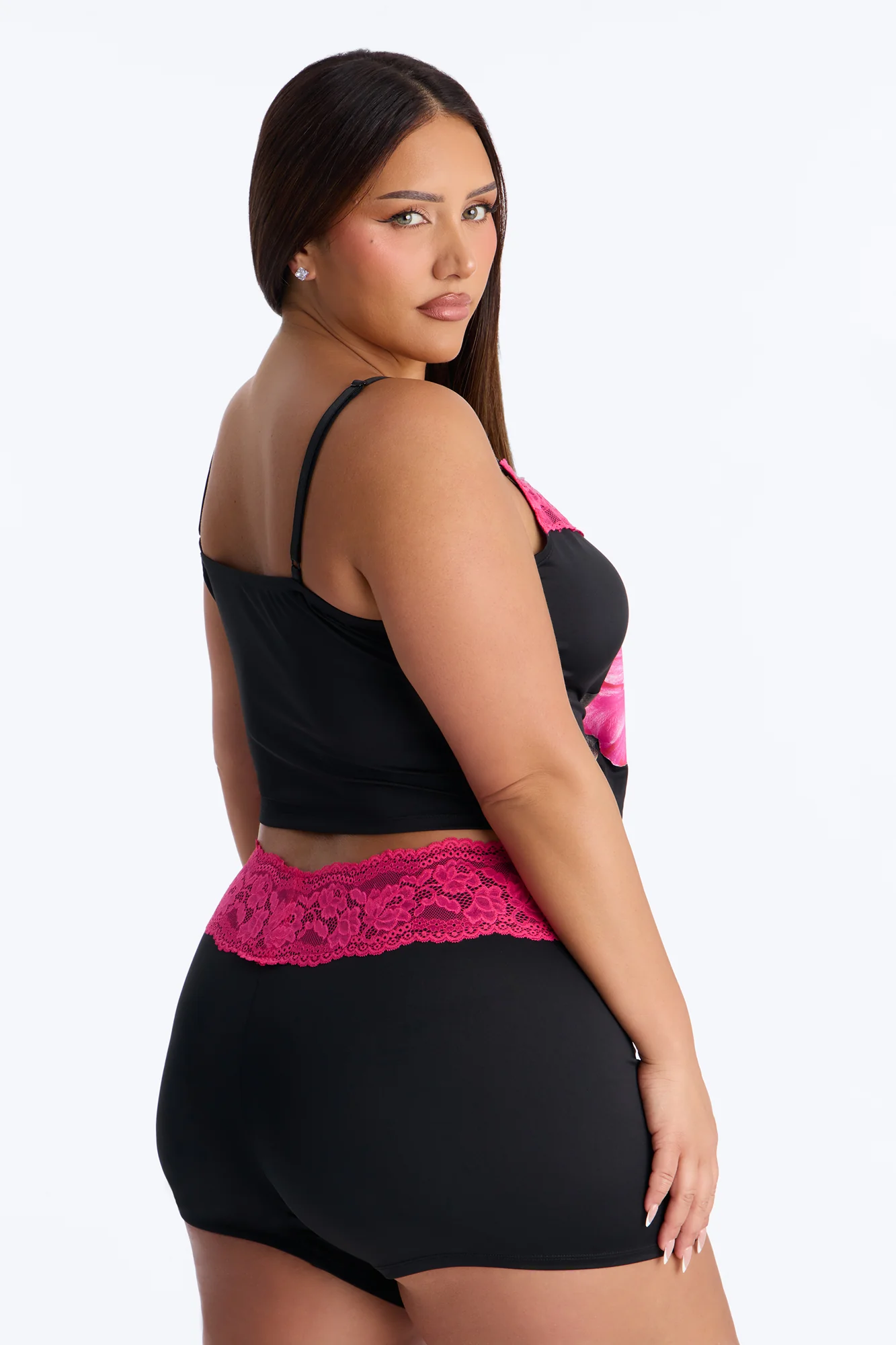 All With Me Floral Lace Trim 2 Piece PJ Set - Black/Pink - Image 7