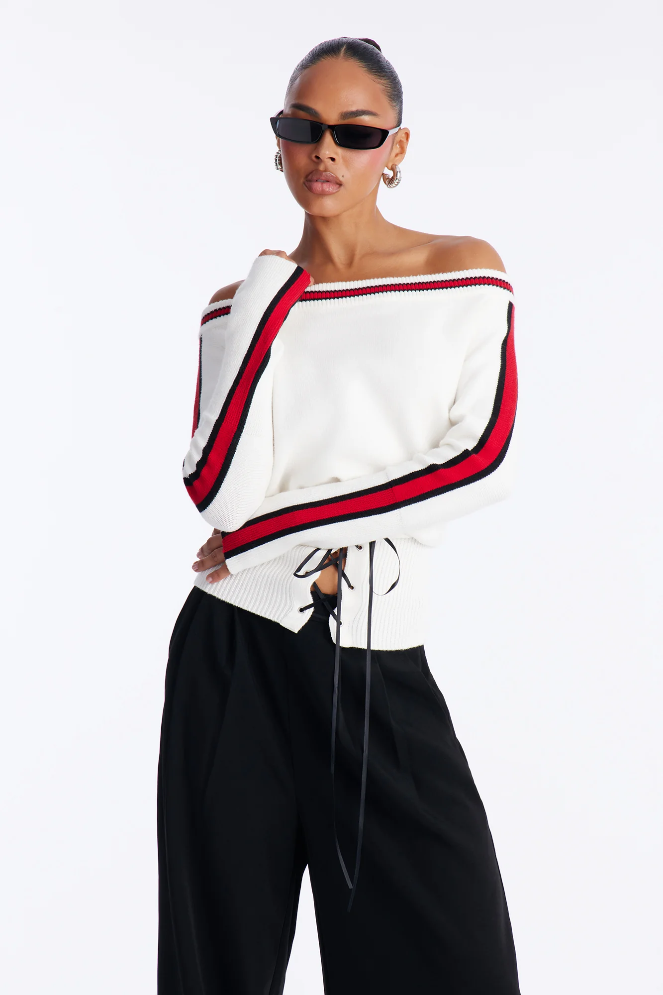 All You Need Off Shoulder Lace Up Sweater Top - White/combo - Image 3