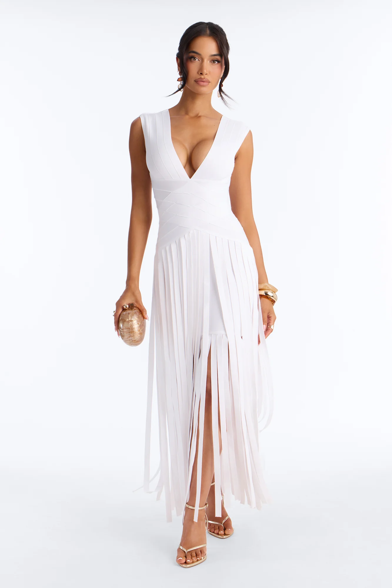 Alliana Bandage Fringe Maxi Dress - White