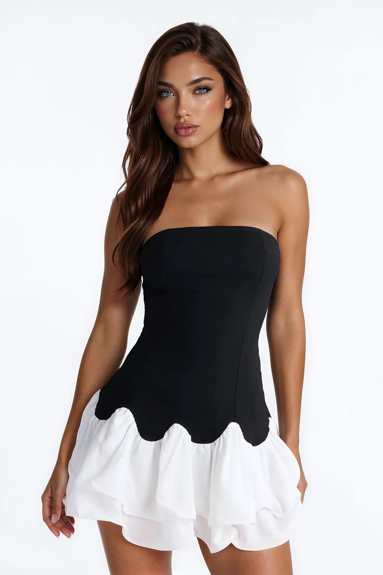 Allie Ruffle Hem Chiffon Mini Dress - Black/White - Image 2