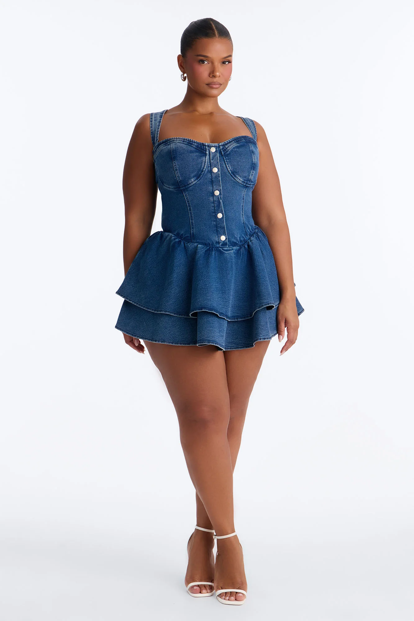 Allie Ruffle Stretch Denim Micro Mini Dress - Medium Wash - Image 5