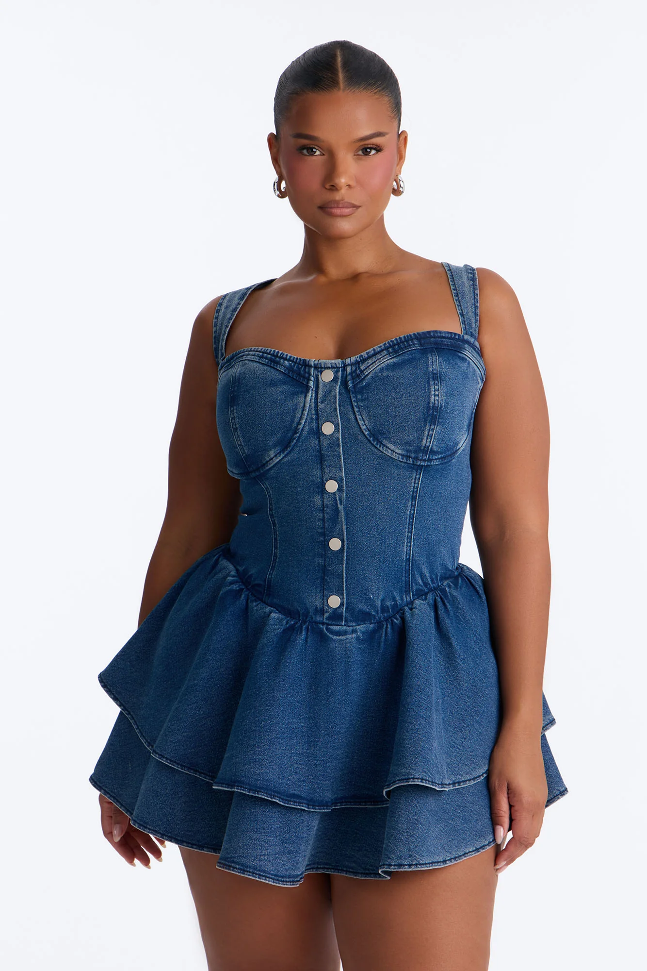 Allie Ruffle Stretch Denim Micro Mini Dress - Medium Wash - Image 6