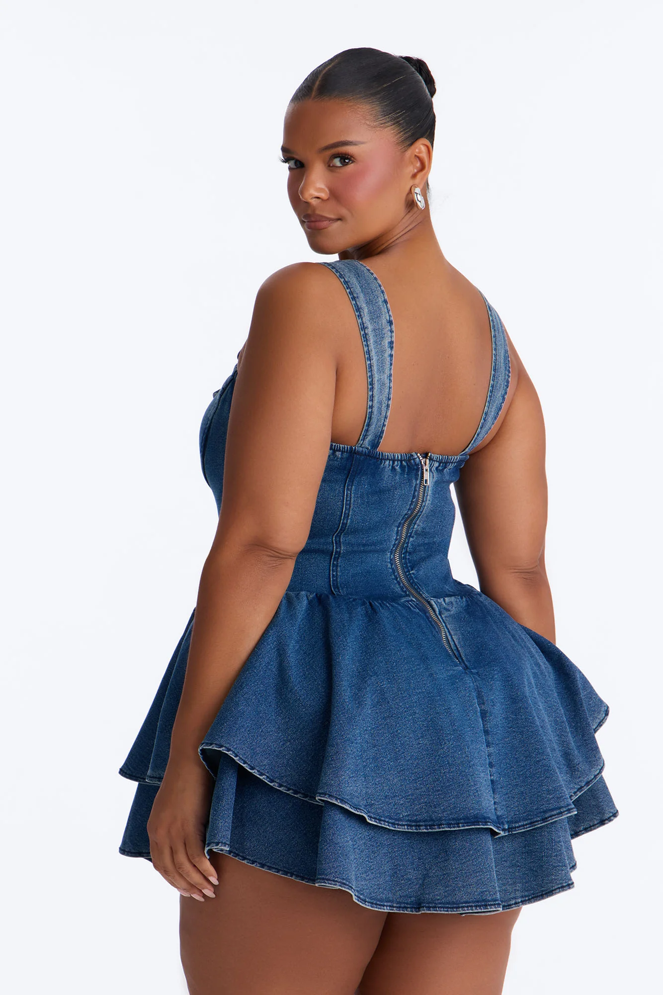 Allie Ruffle Stretch Denim Micro Mini Dress - Medium Wash - Image 8