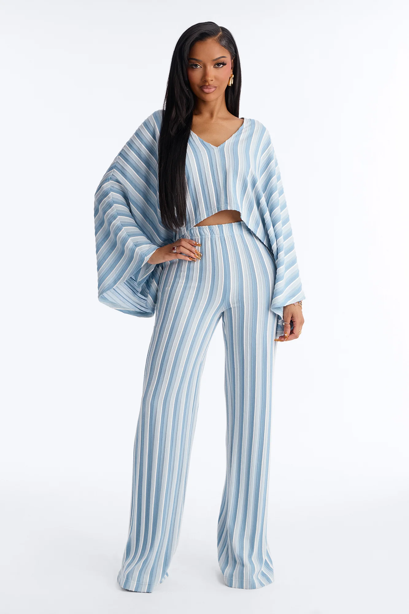 Along Those Lines Striped Jacquard Pant Set - Blue/combo