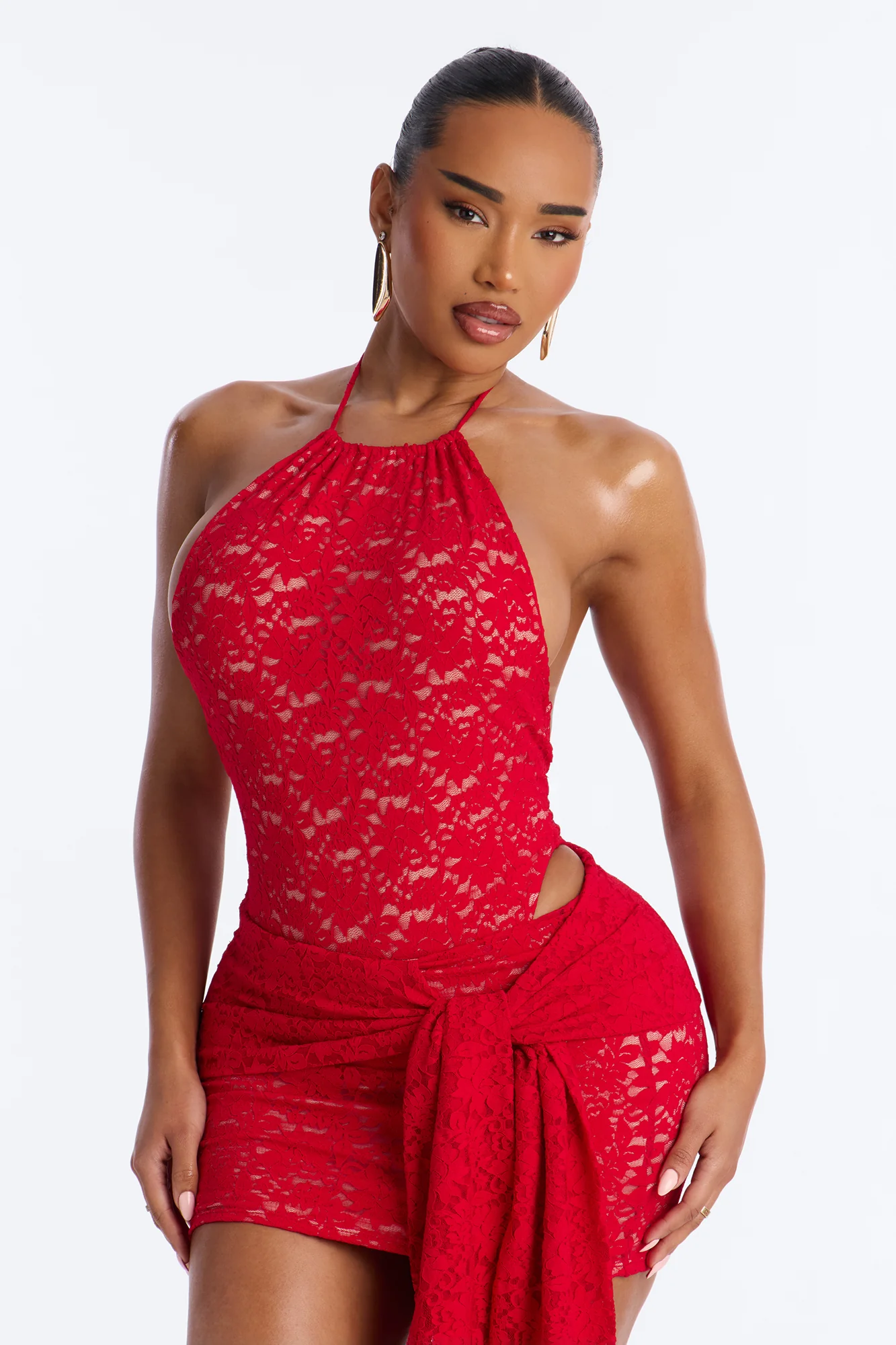 Alora Lace Bodysuit Skirt Set - Red - Image 2