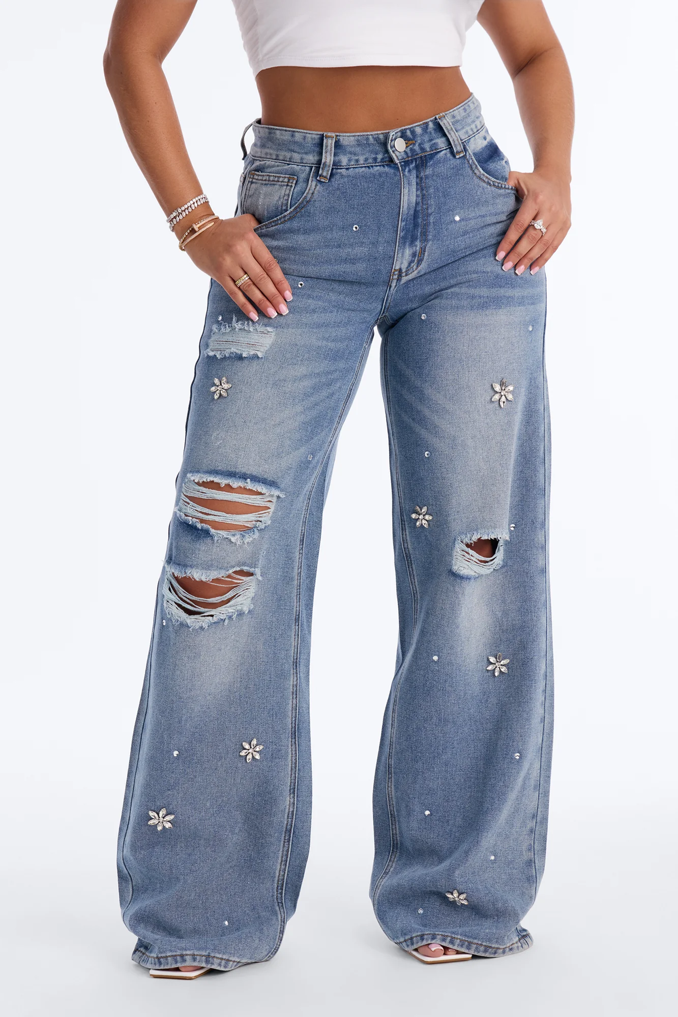Always Delicate Floral Embellished Wide Leg Jeans - Medium Wash - Image 2