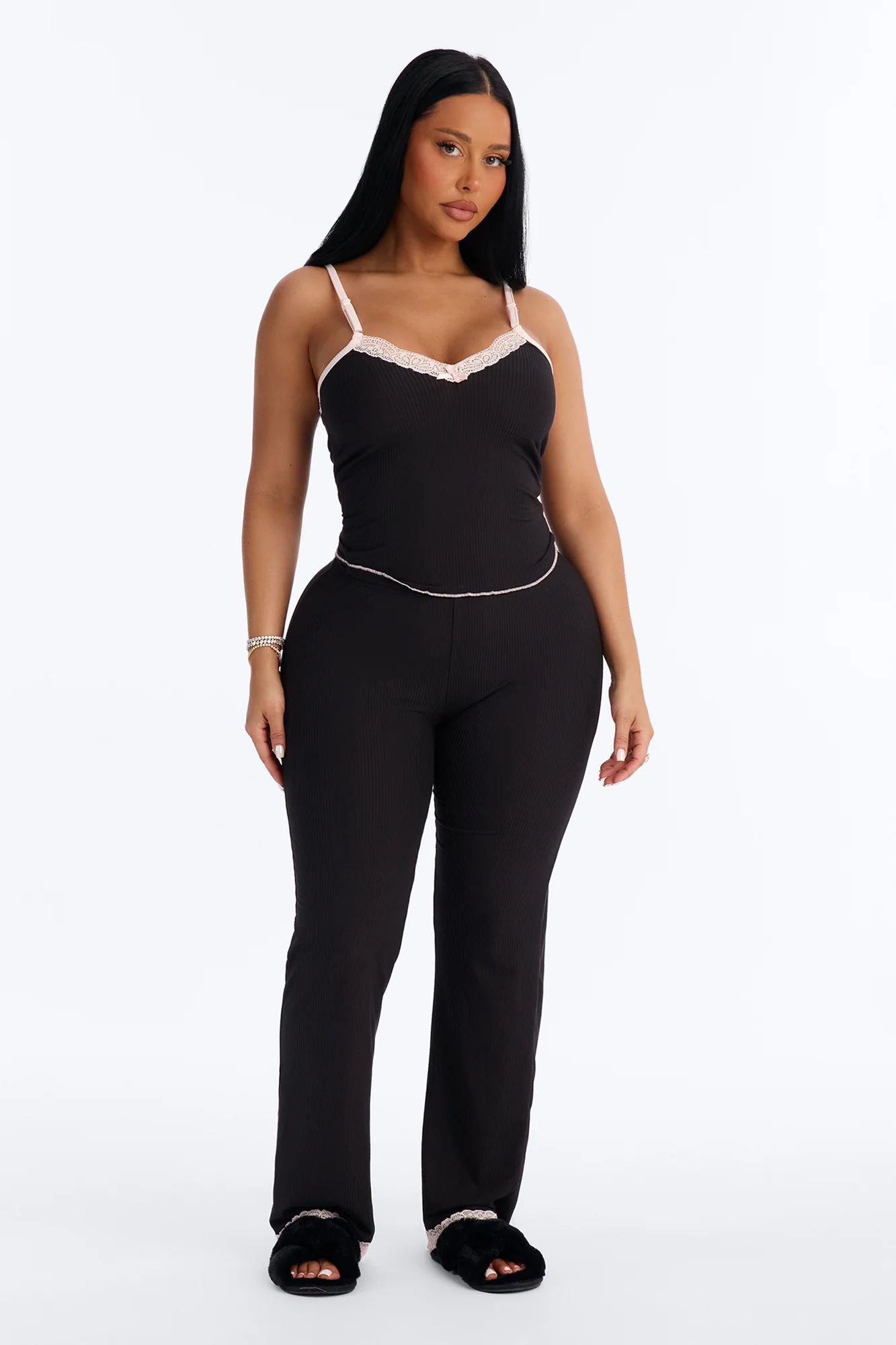 Always On My Mind Ribbed PJ Pant Set - Black/Pink