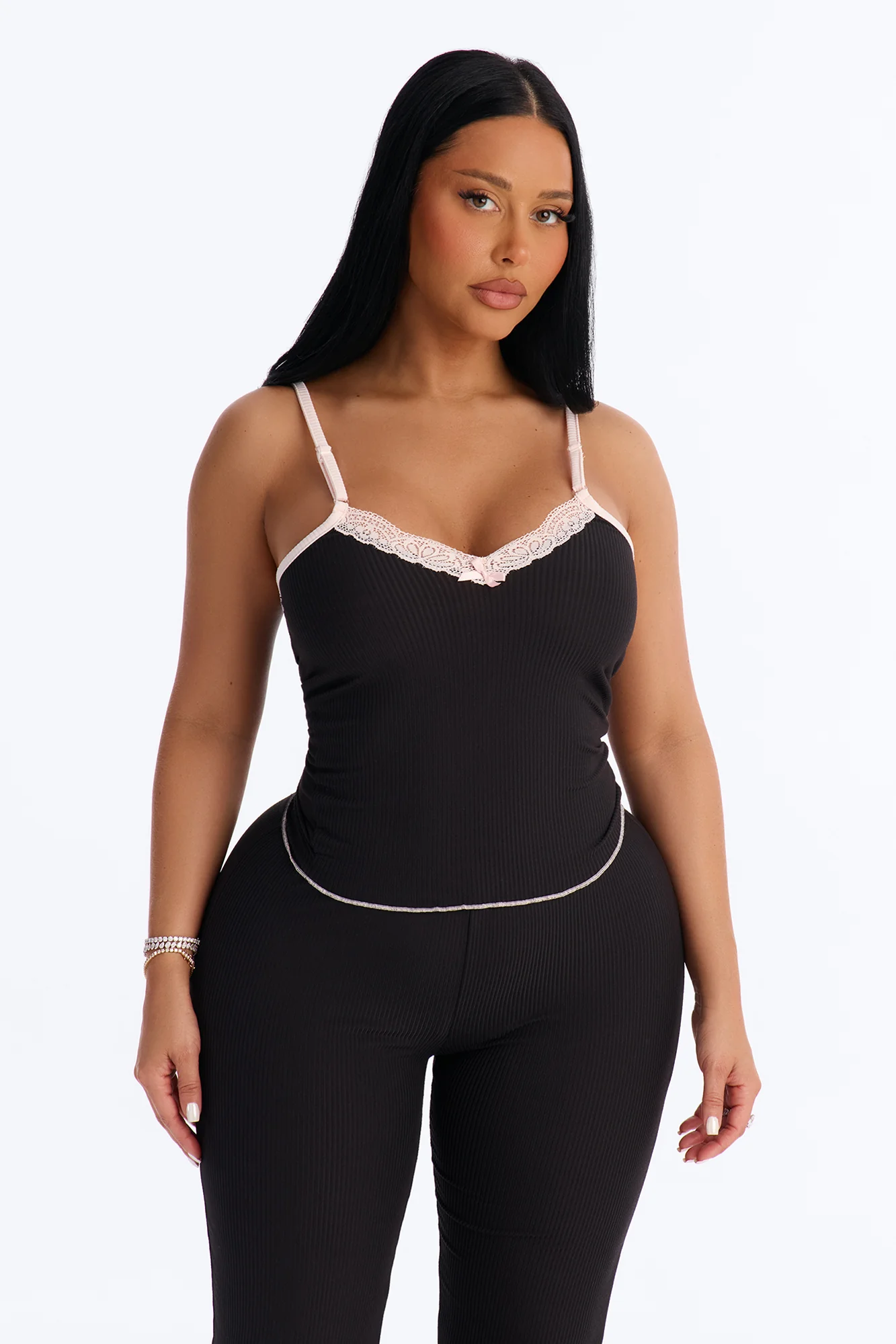 Always On My Mind Ribbed PJ Pant Set - Black/Pink - Image 2