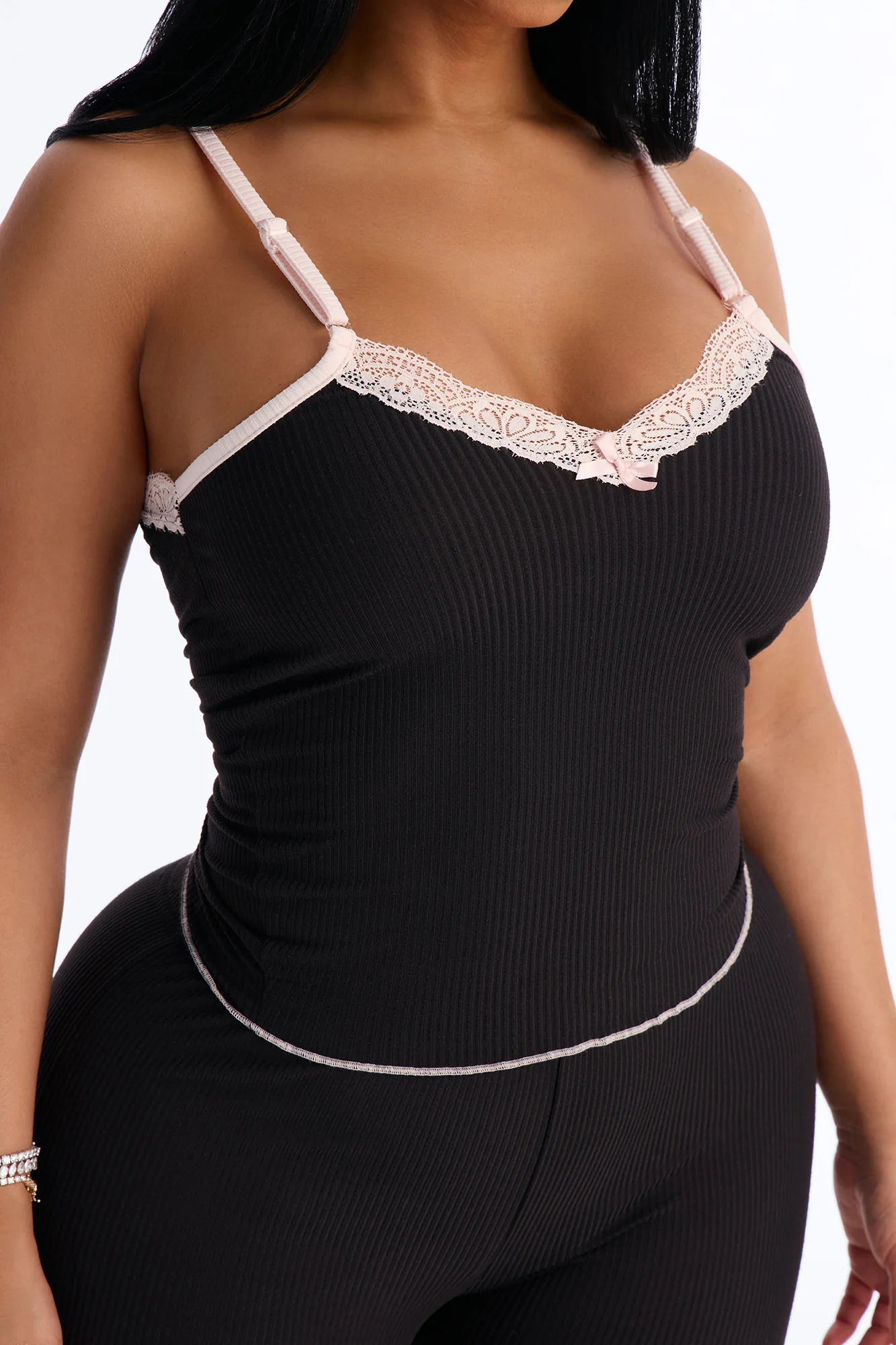 Always On My Mind Ribbed PJ Pant Set - Black/Pink - Image 3