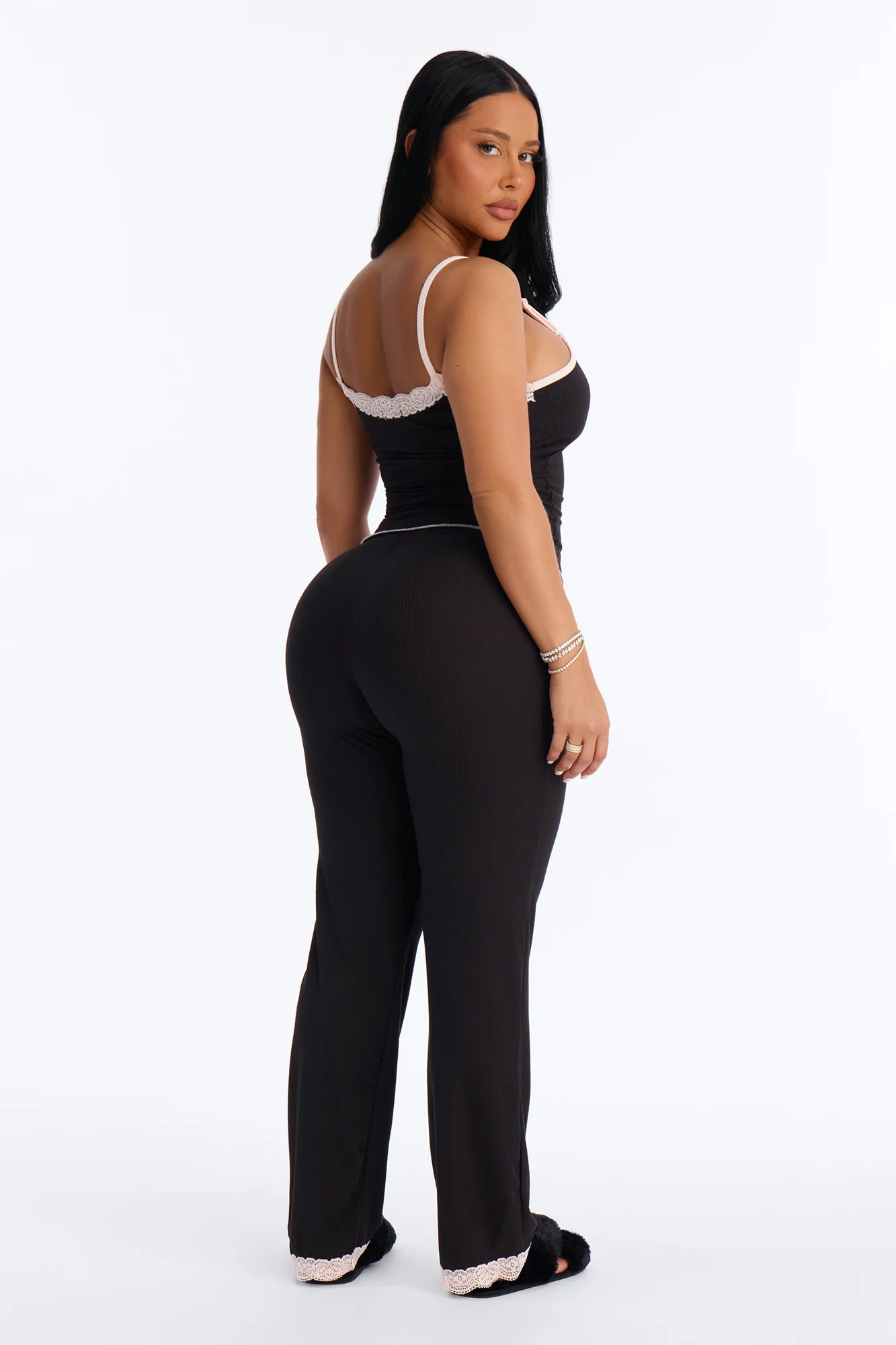 Always On My Mind Ribbed PJ Pant Set - Black/Pink - Image 4