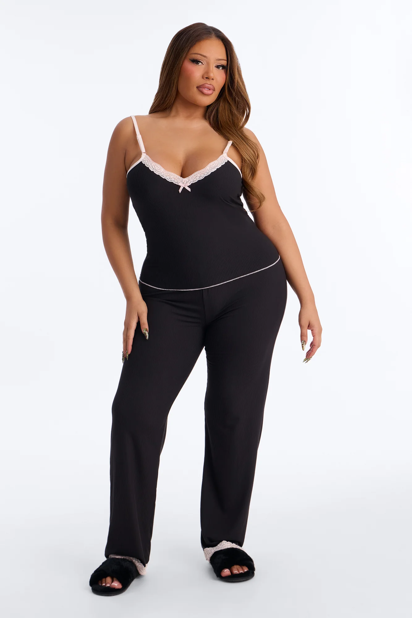 Always On My Mind Ribbed PJ Pant Set - Black/Pink - Image 5