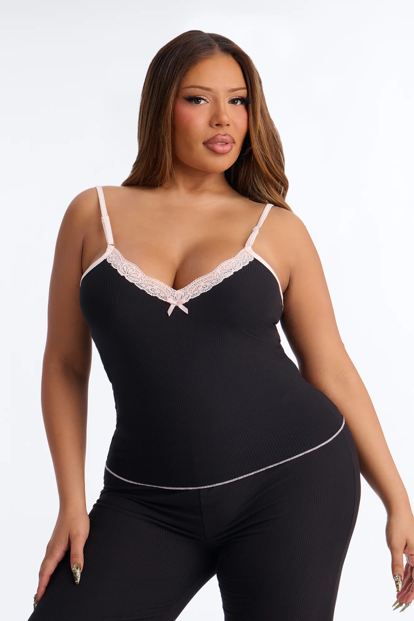 Always On My Mind Ribbed PJ Pant Set - Black/Pink - Image 6