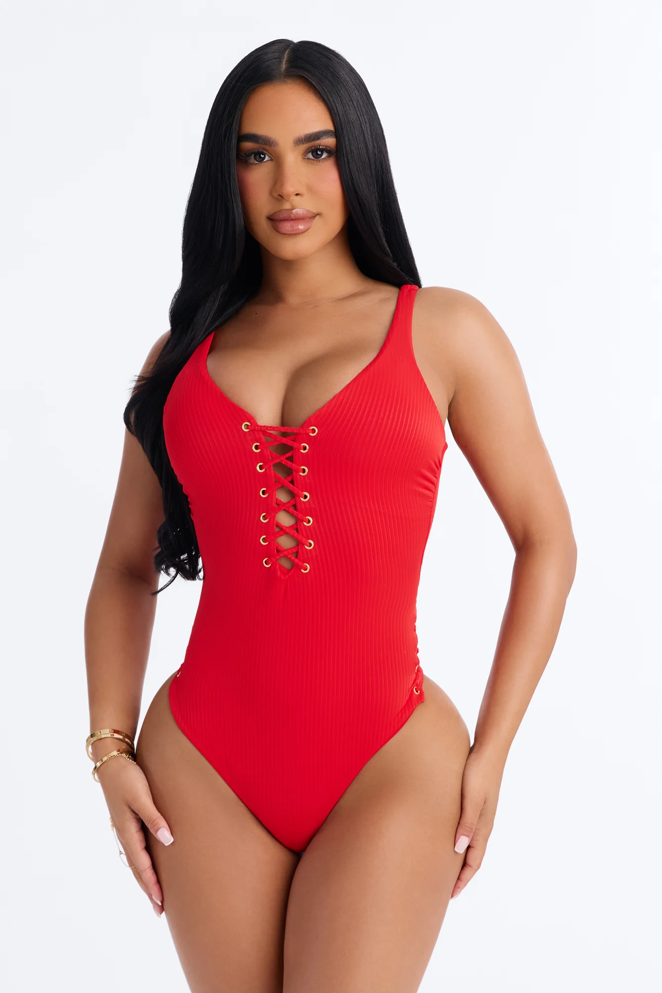 Always Tanning Ribbed 1 Piece Lace Up Swimsuit - Red