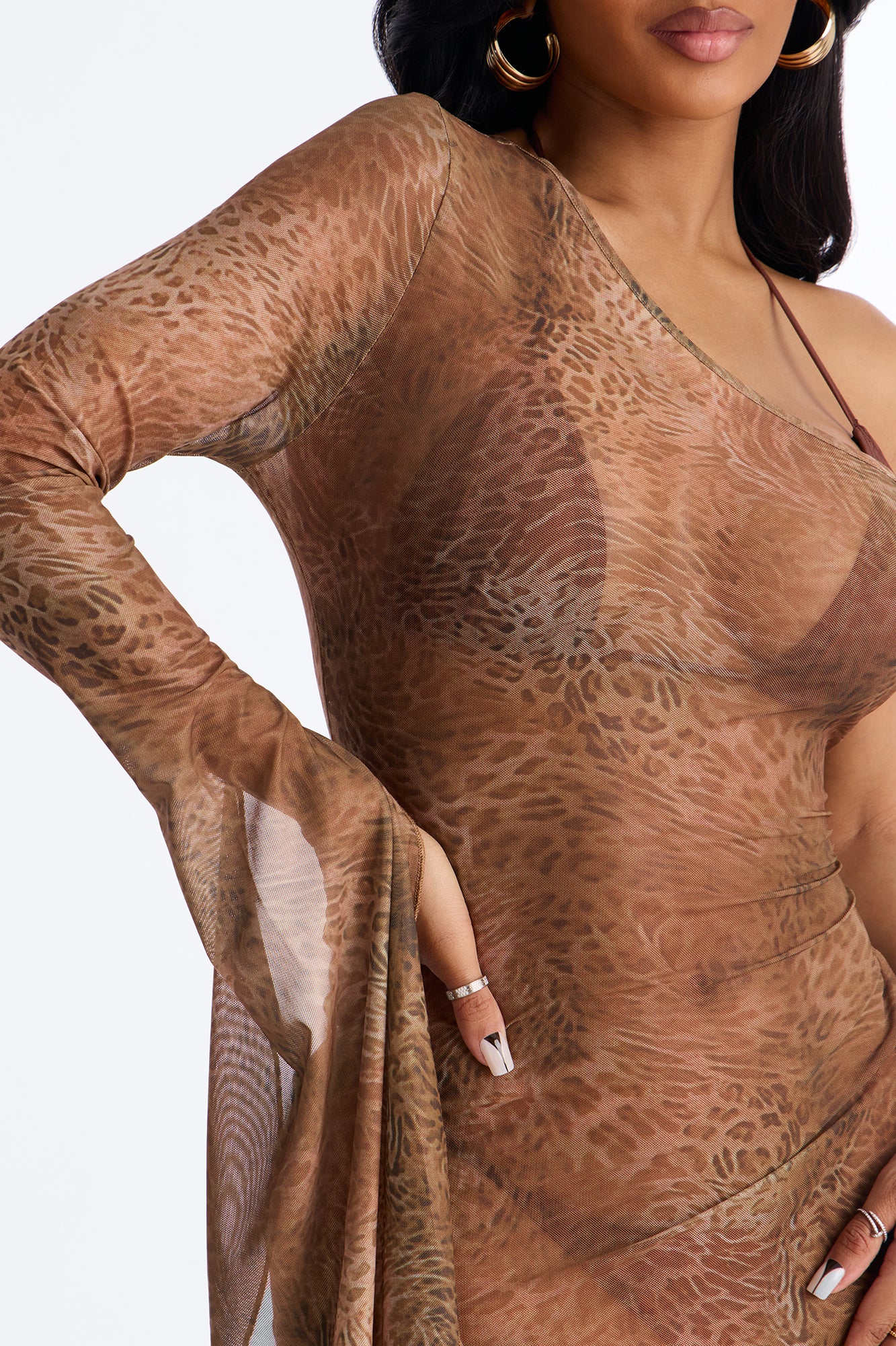 Alyssa One Shoulder Sheer Leopard Cover Up Maxi Dress - Brown/combo - Image 3