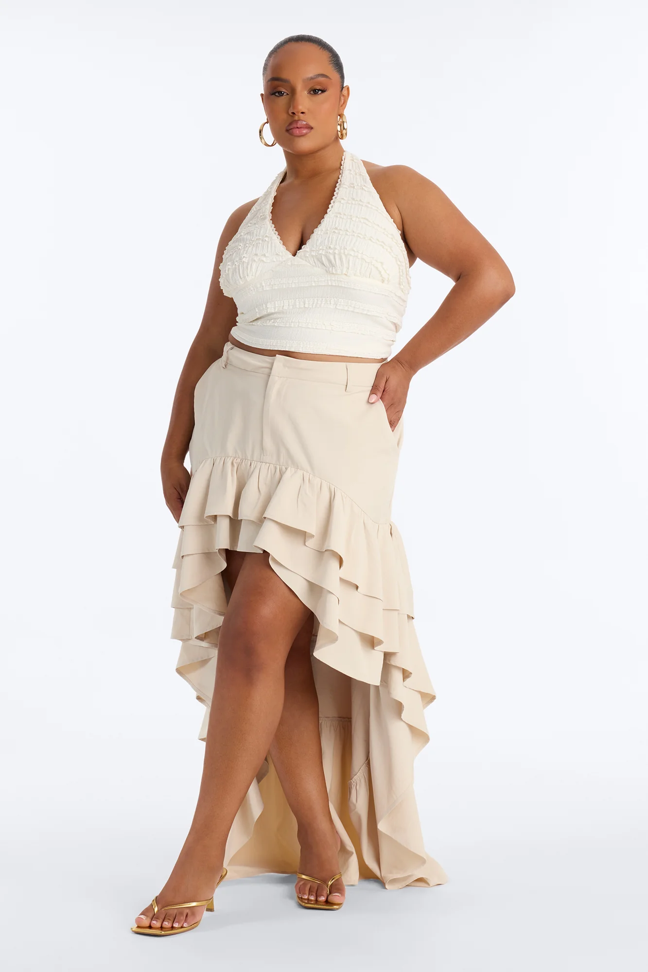 Alyssa Twill High Low Ruffle Maxi Skirt - Khaki - Image 4