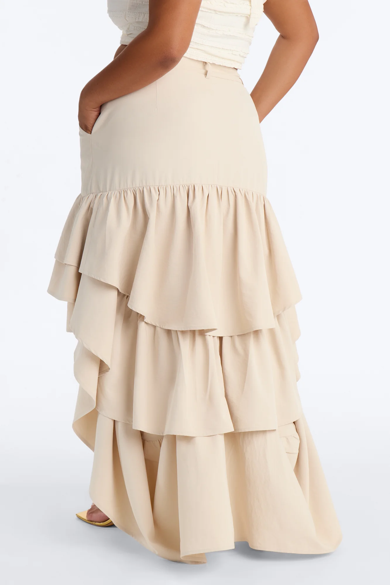 Alyssa Twill High Low Ruffle Maxi Skirt - Khaki - Image 7
